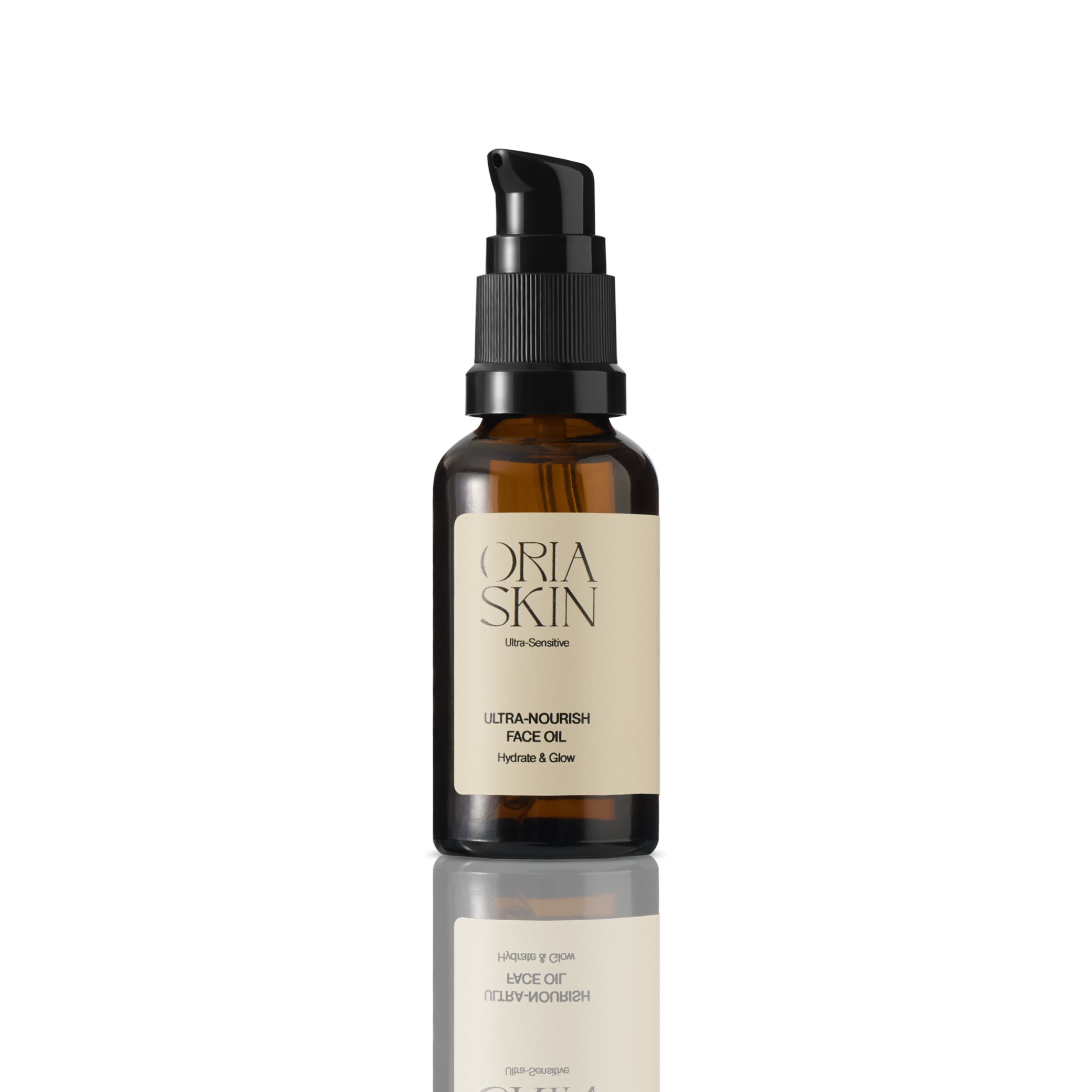 Oria Skin Ultra-Nourish Face Oil in a glass bottle with dropper, showcasing its nourishing skin care formula.