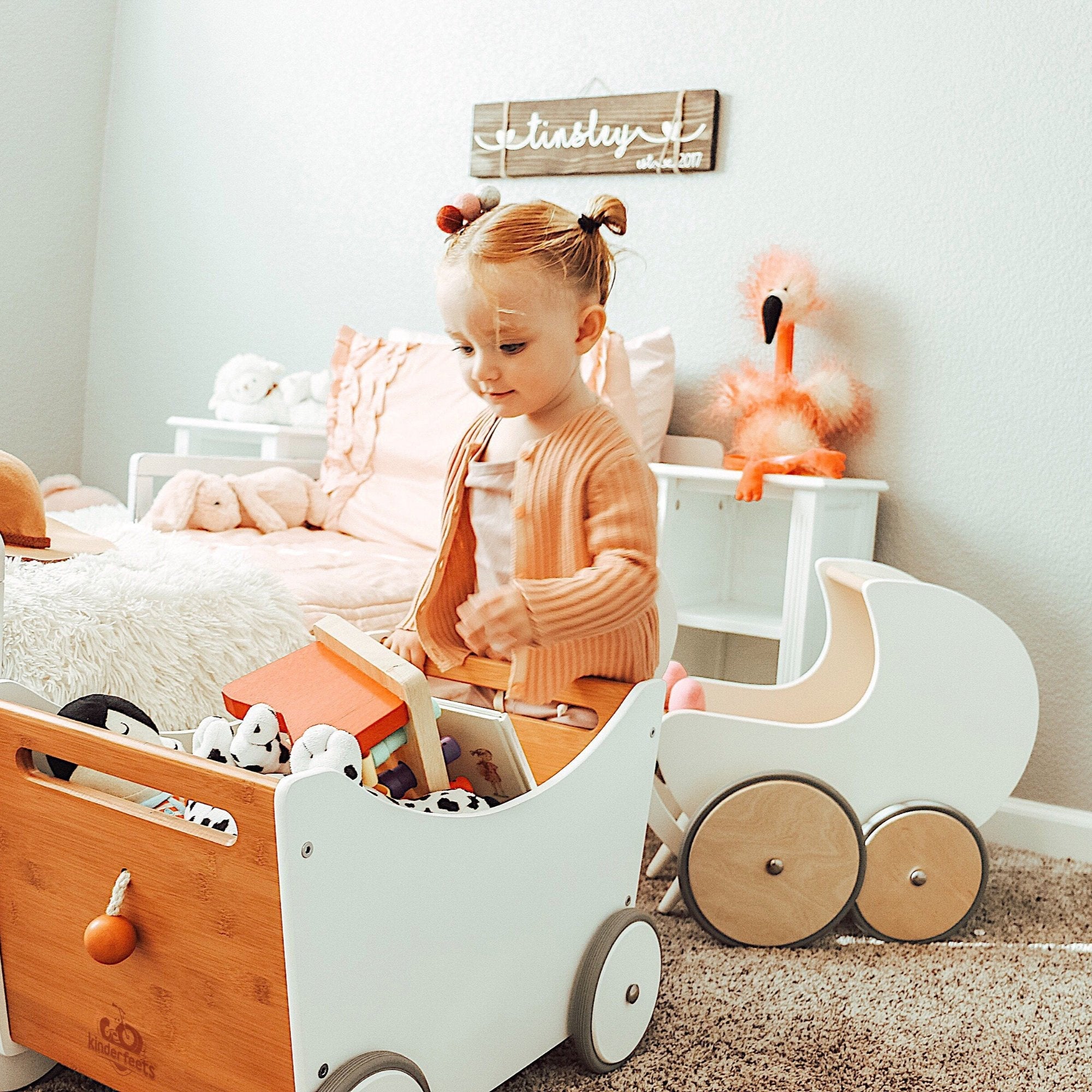 Kinderfeets wooden toy box and walker in white and bamboo, featuring smooth finish and sturdy design for toddlers' play and mobility.