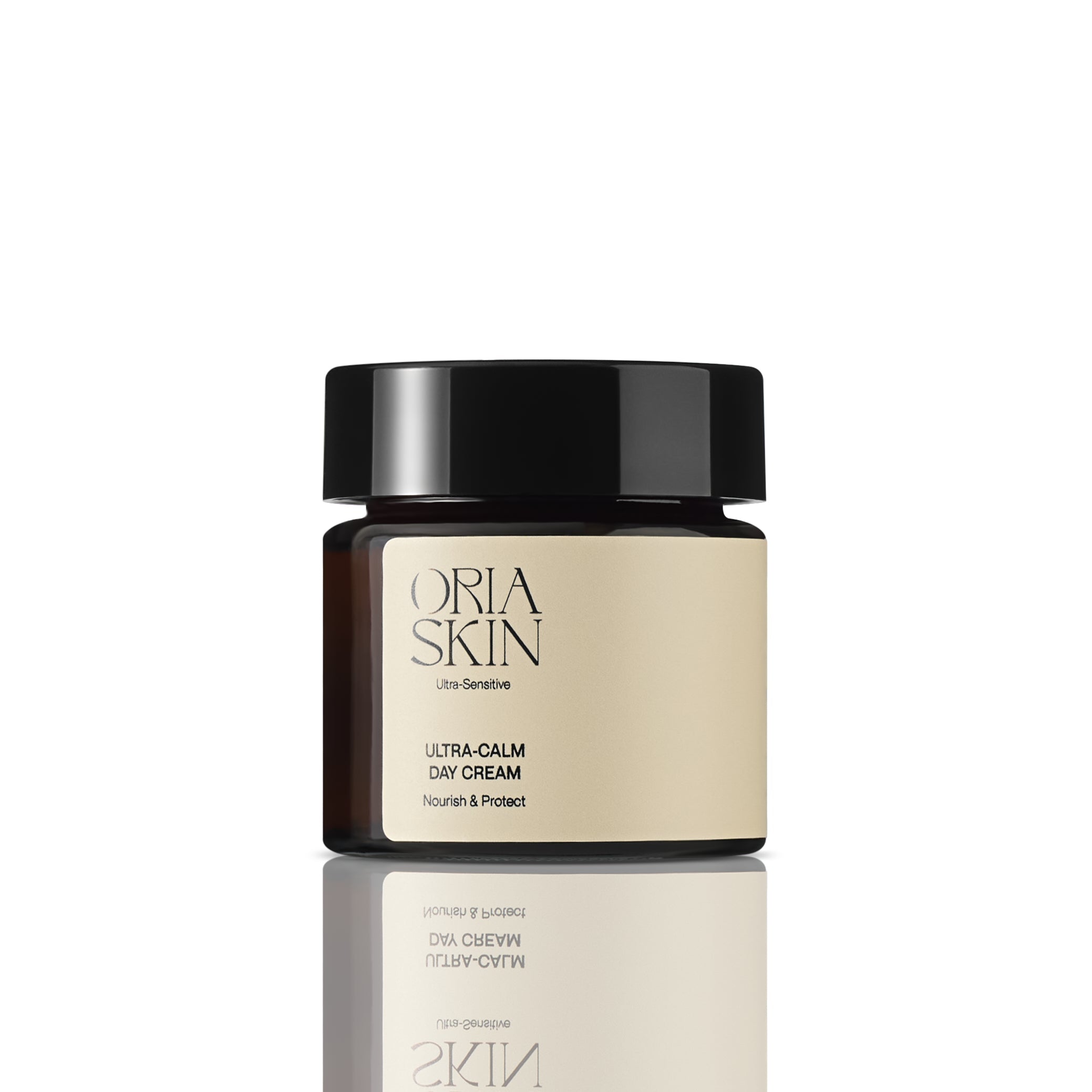 Oria Skin Ultra-Calm Day Cream jar with white lid and label, skincare product designed for sensitive, calm skin.