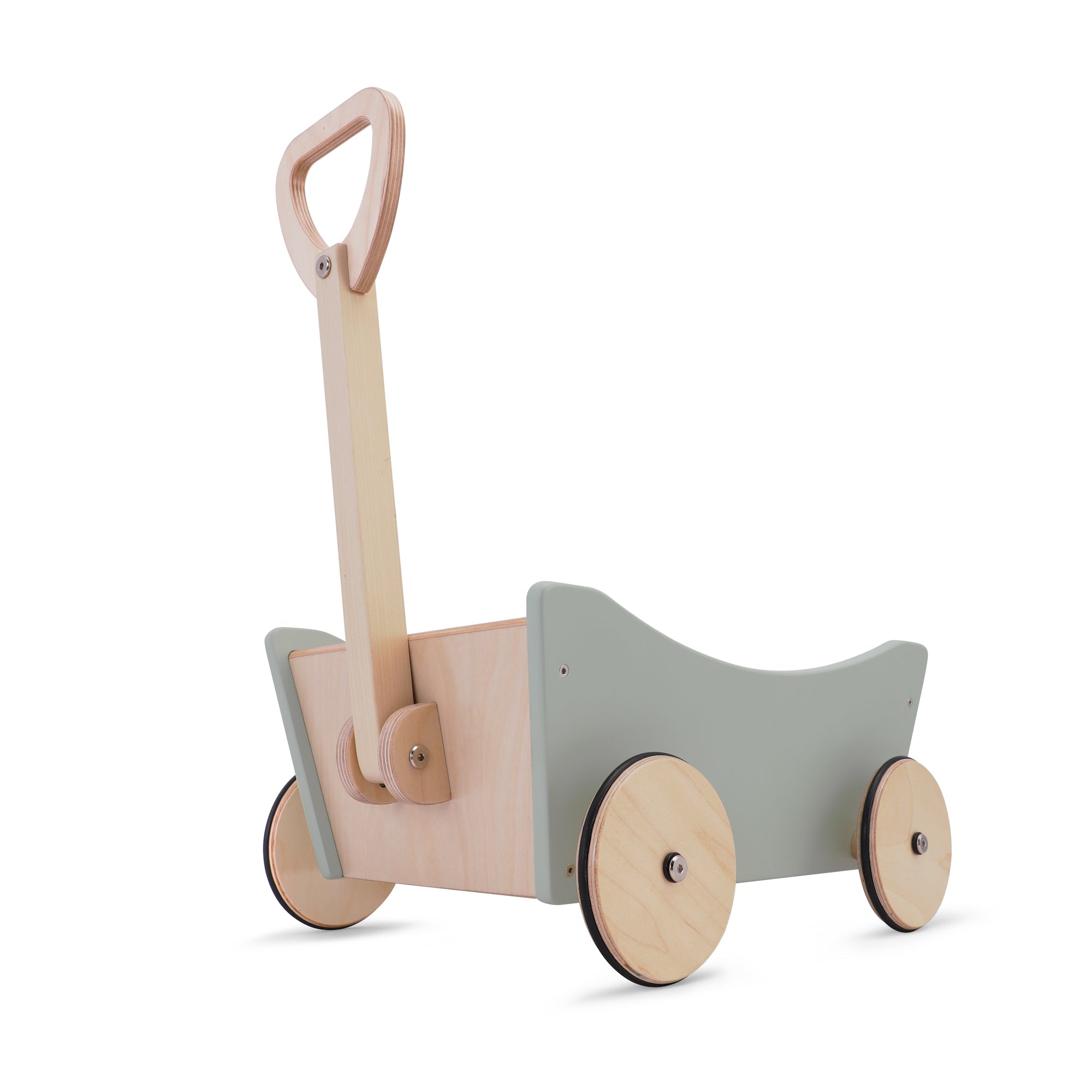 Wooden Kinderfeets Pull Wagon toy with colorful handles and wheels, designed for children to pull and play.