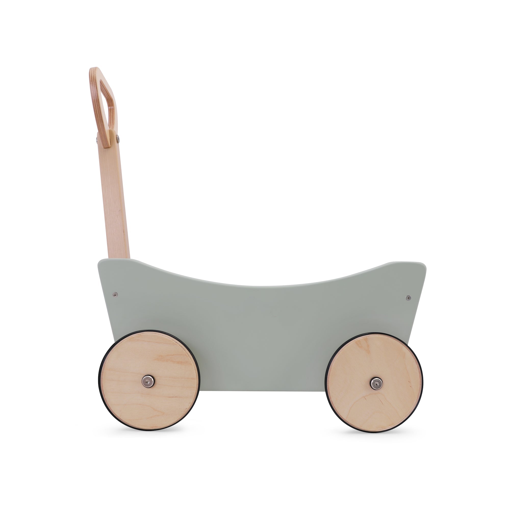 Kinderfeets wooden pull wagon toy with handle and colorful design, ideal for young children to promote outdoor play and coordination.
