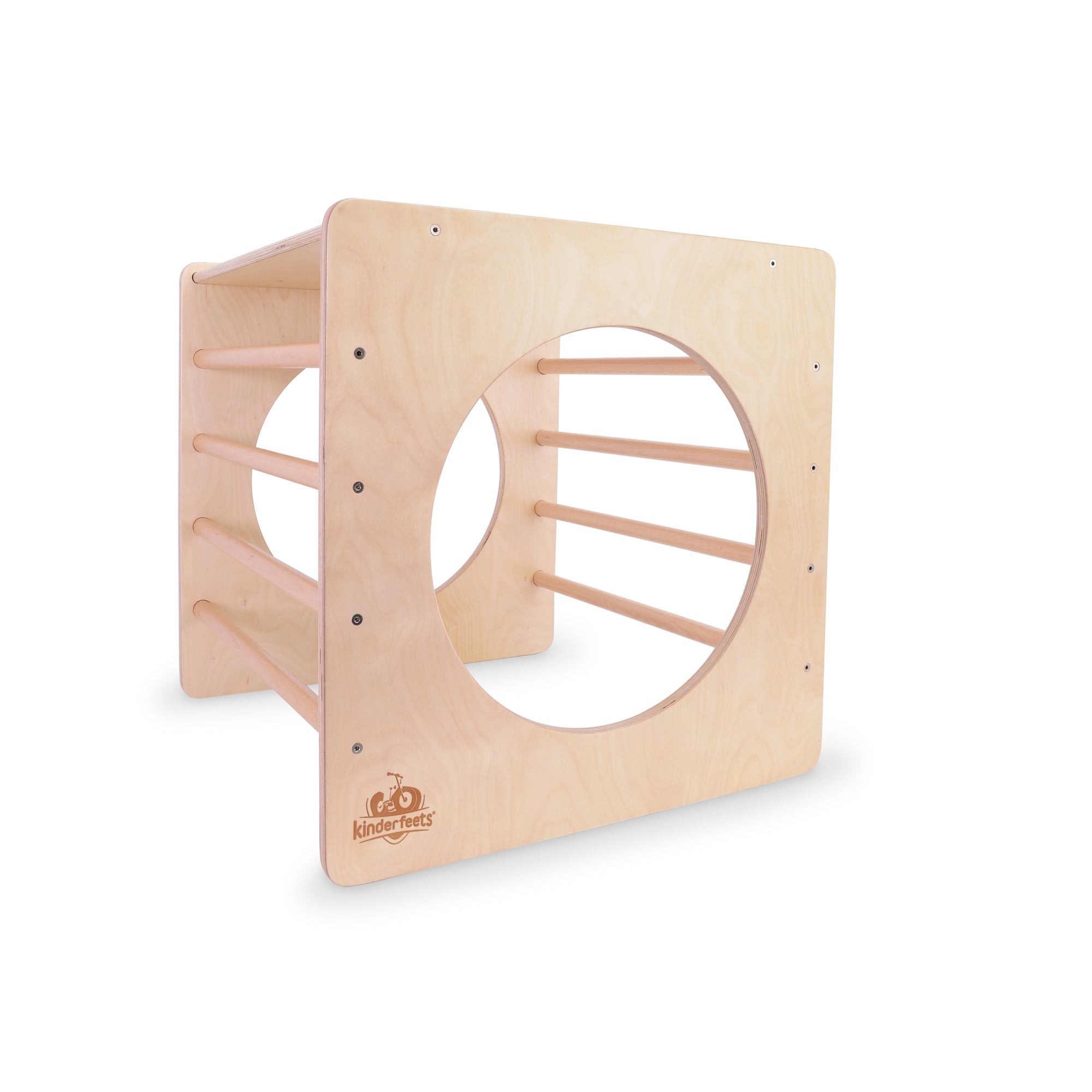 Kinderfeets Pikler Cube climbing toy with colorful wooden blocks for safe, fun indoor play and motor skill development.