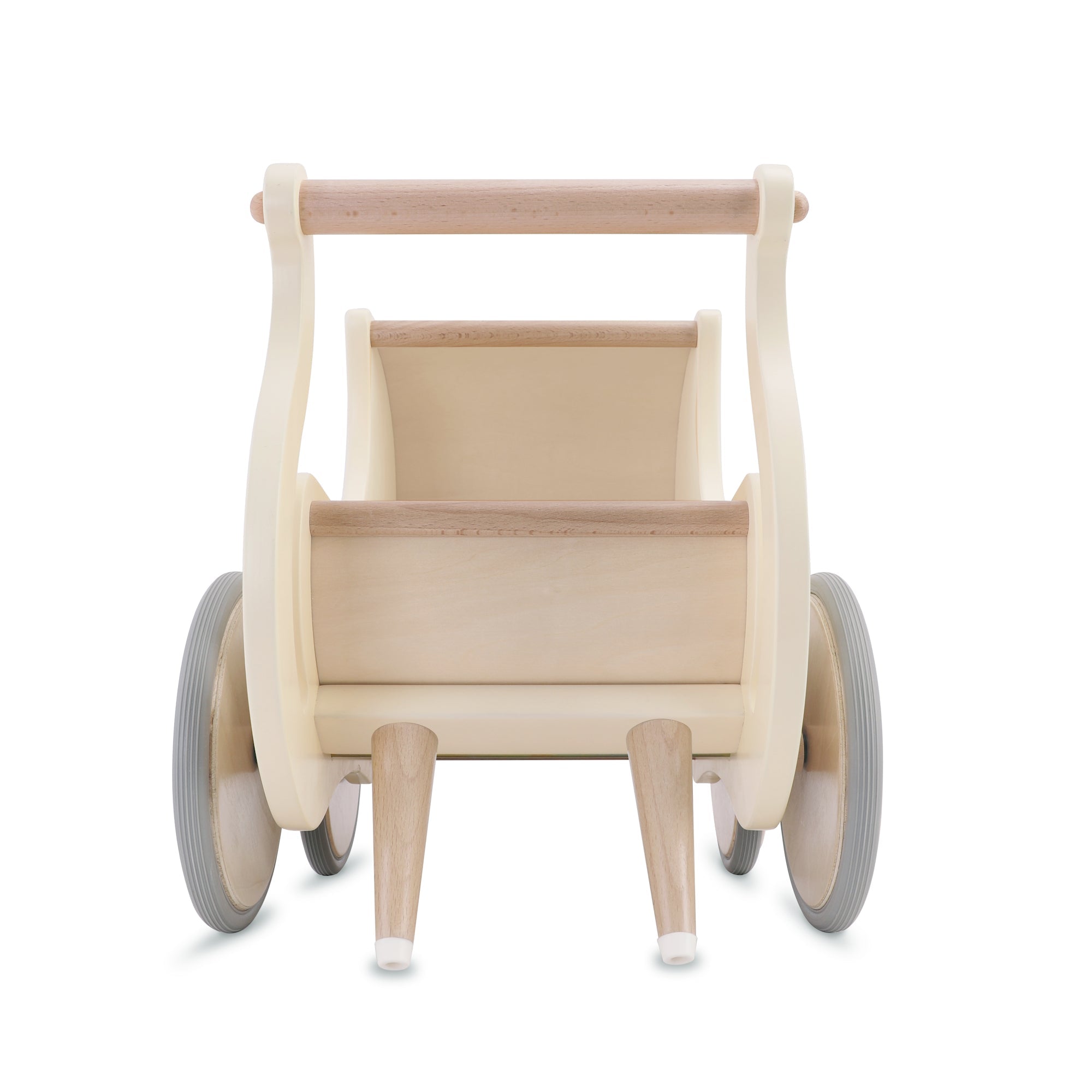 Wooden Kinderfeets Petit Pram toy for children, featuring a classic wooden design with a handle and wheels.