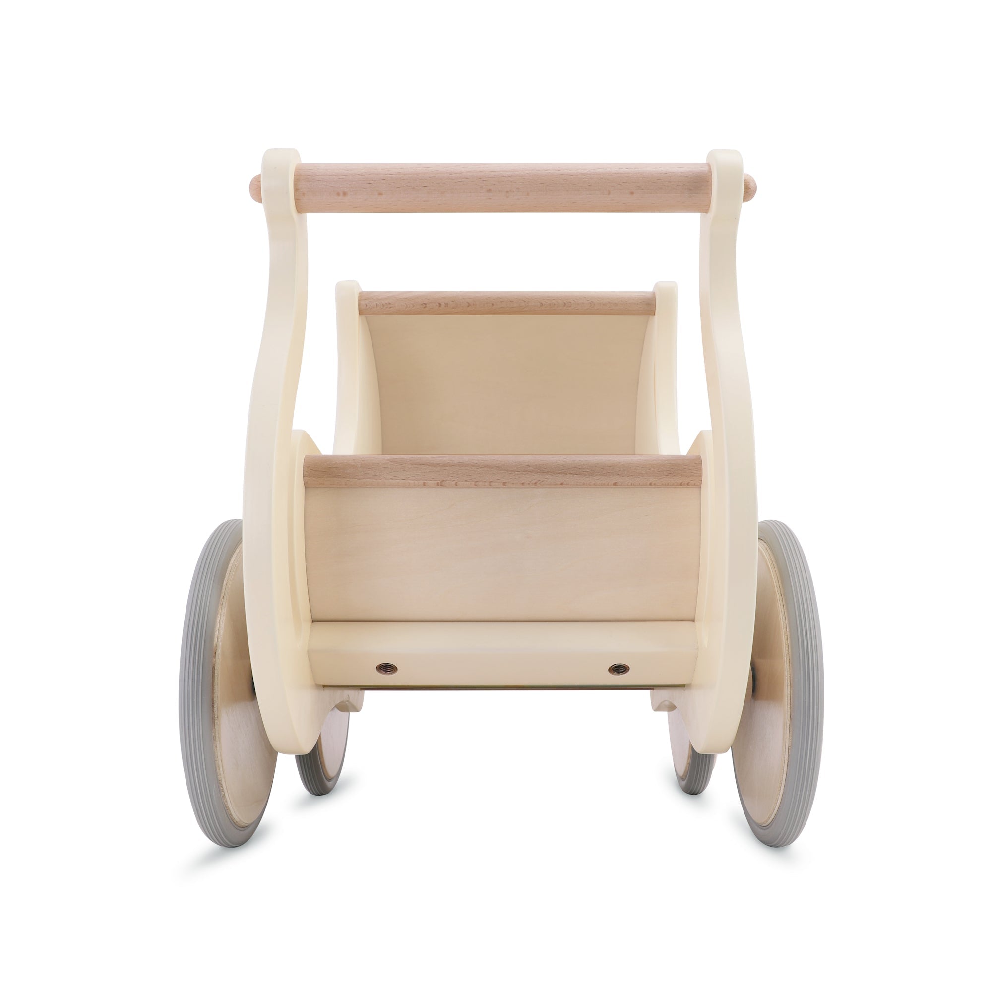 Wooden Kinderfeets Petit Pram toy for children, featuring a classic design and natural wood finish.