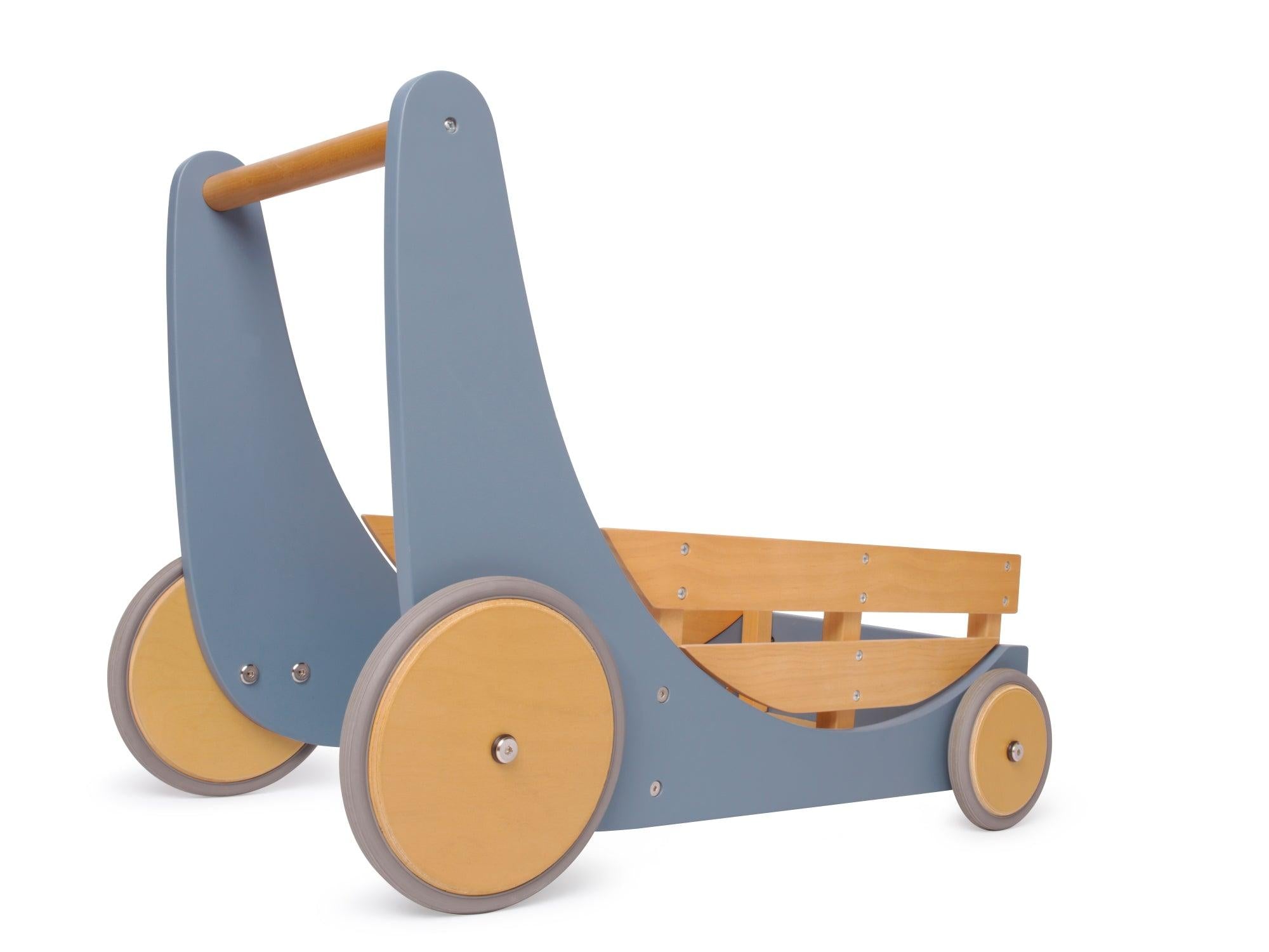 Kinderfeets Cargo Walker in slate blue, wooden toy with a sturdy design, featuring a handle and cargo compartments, back view.