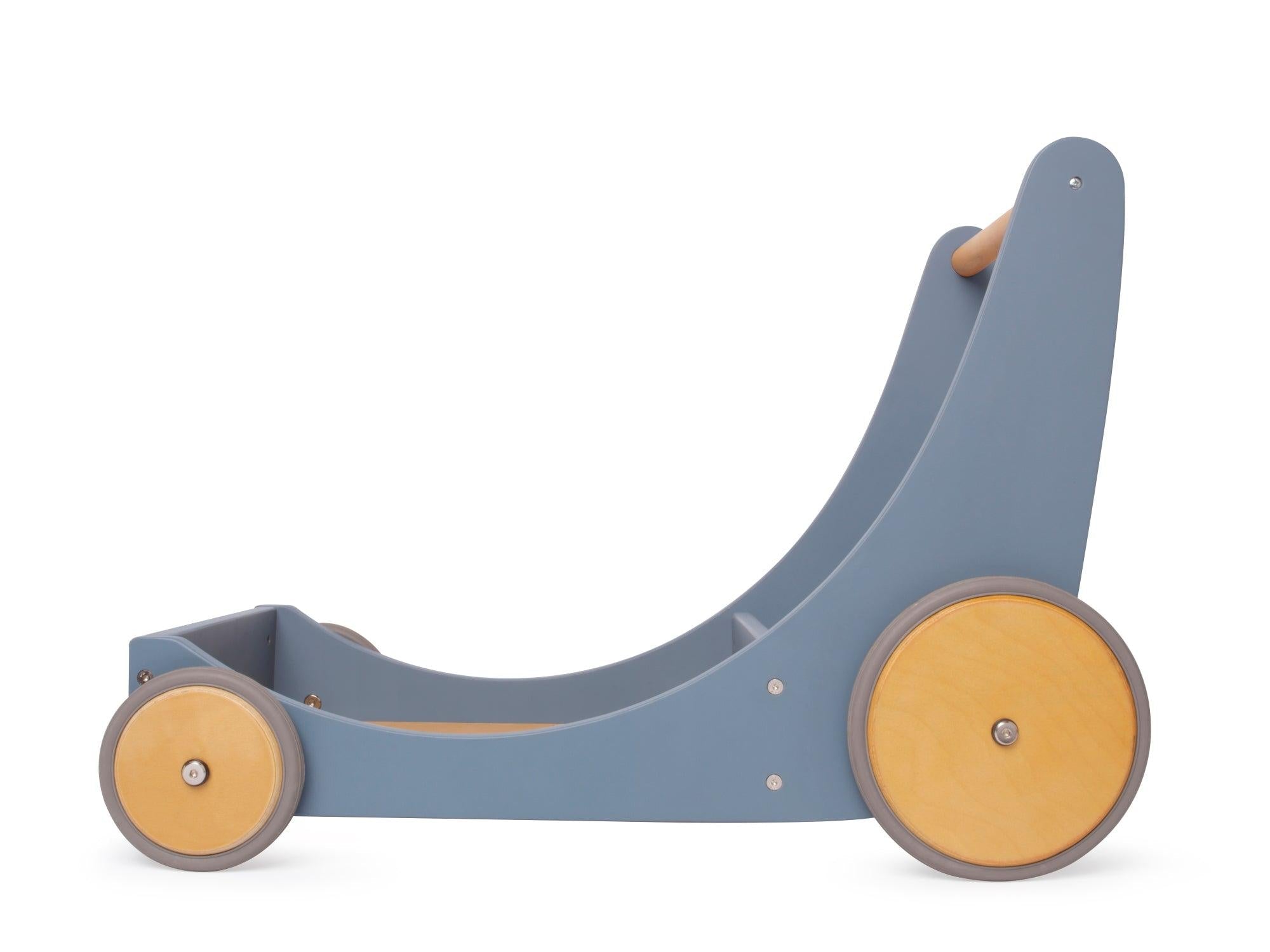 Kinderfeets Cargo Walker in slate blue, wooden toy with side view showing sturdy design and colorful cargo compartments.