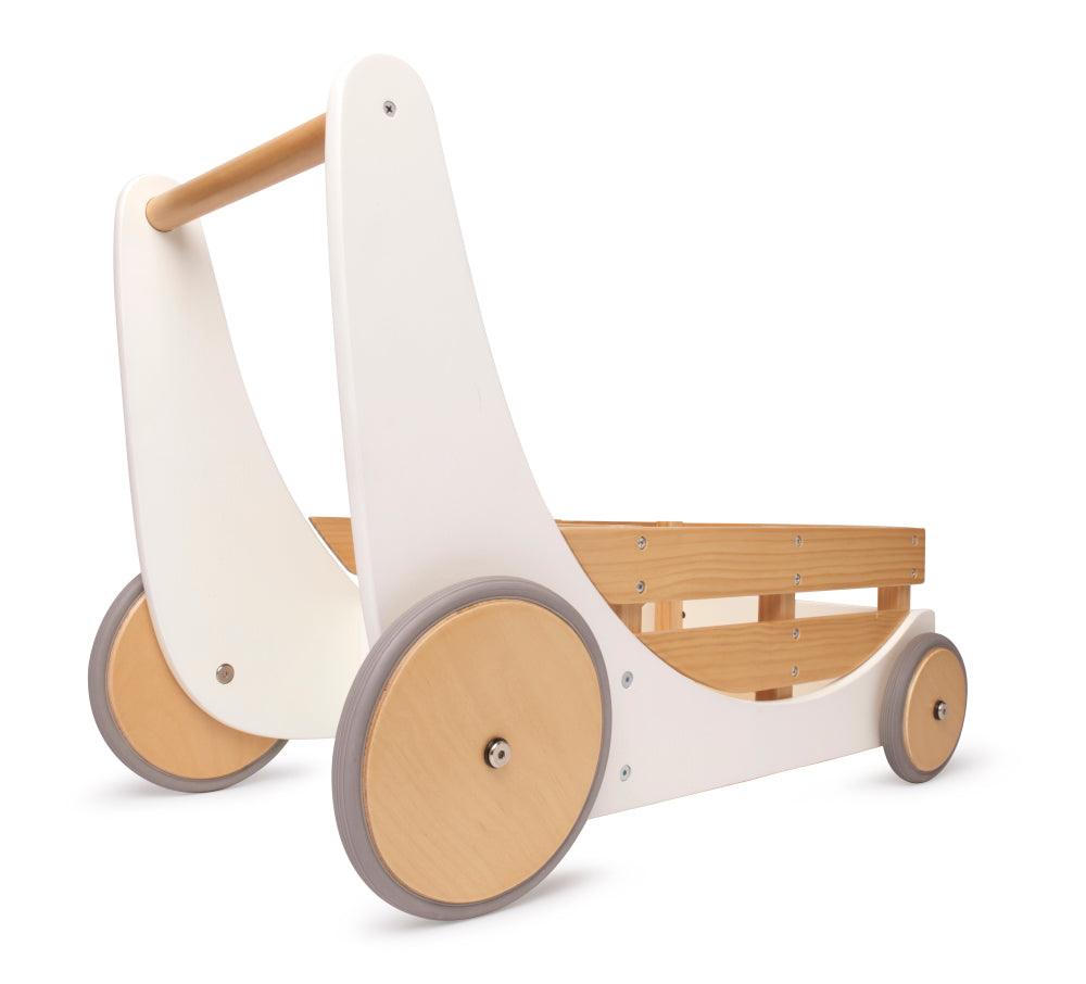 Kinderfeets Cargo Walker wooden toy in white with colorful blocks and accessories, designed for early walking development.
