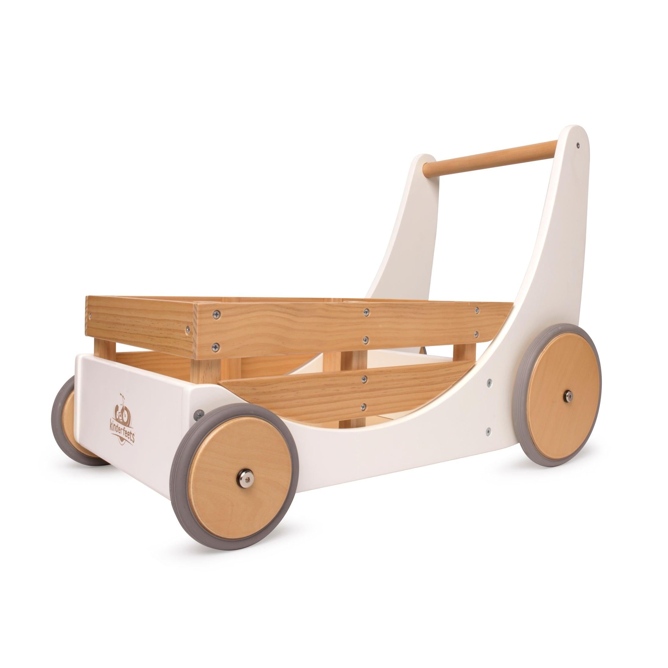 Kinderfeets white wooden cargo walker for toddlers, featuring a sturdy design with colorful cargo compartments.