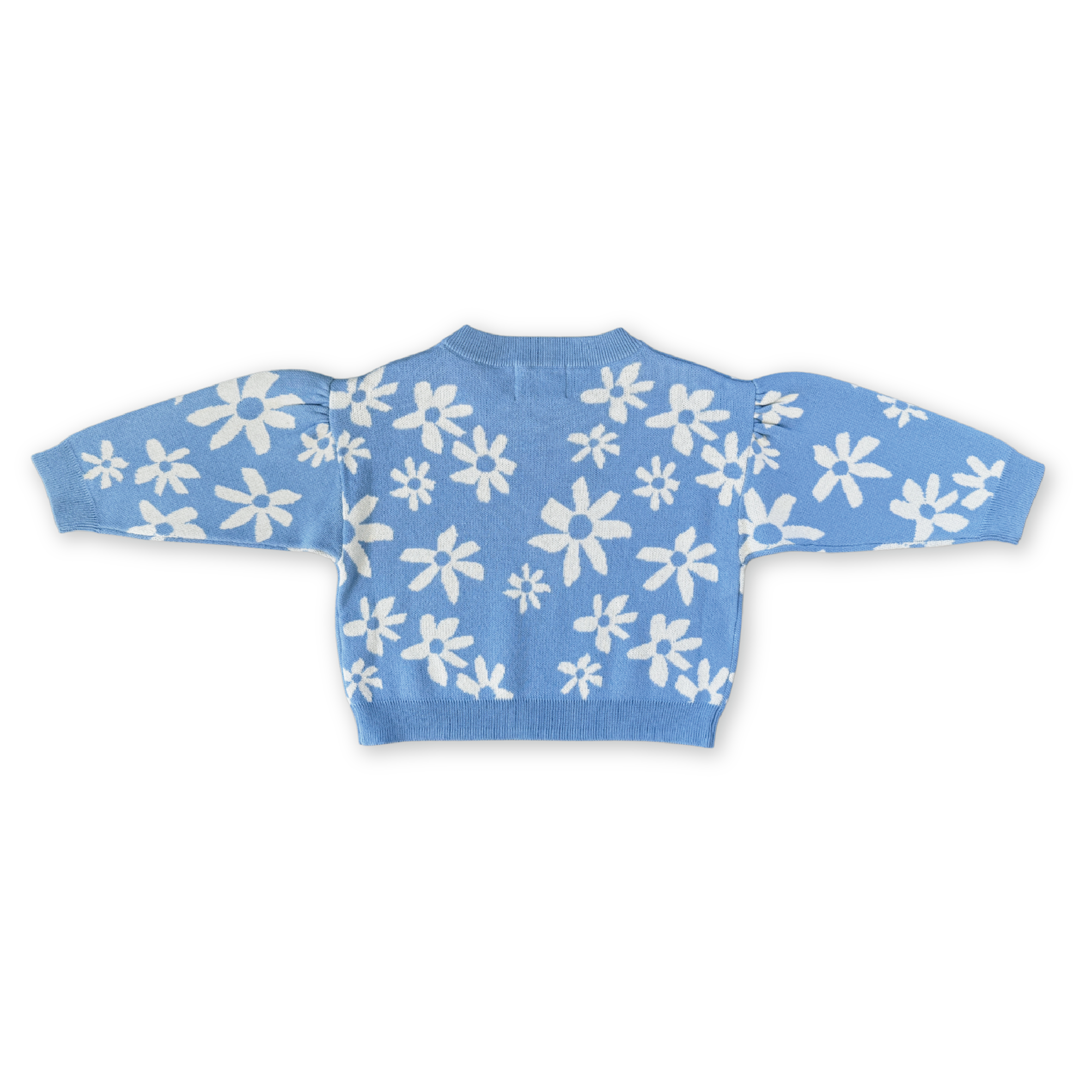 GROWN Organic Wild Flower knit jumper in natural colors, back view showing floral pattern and cozy knit texture.