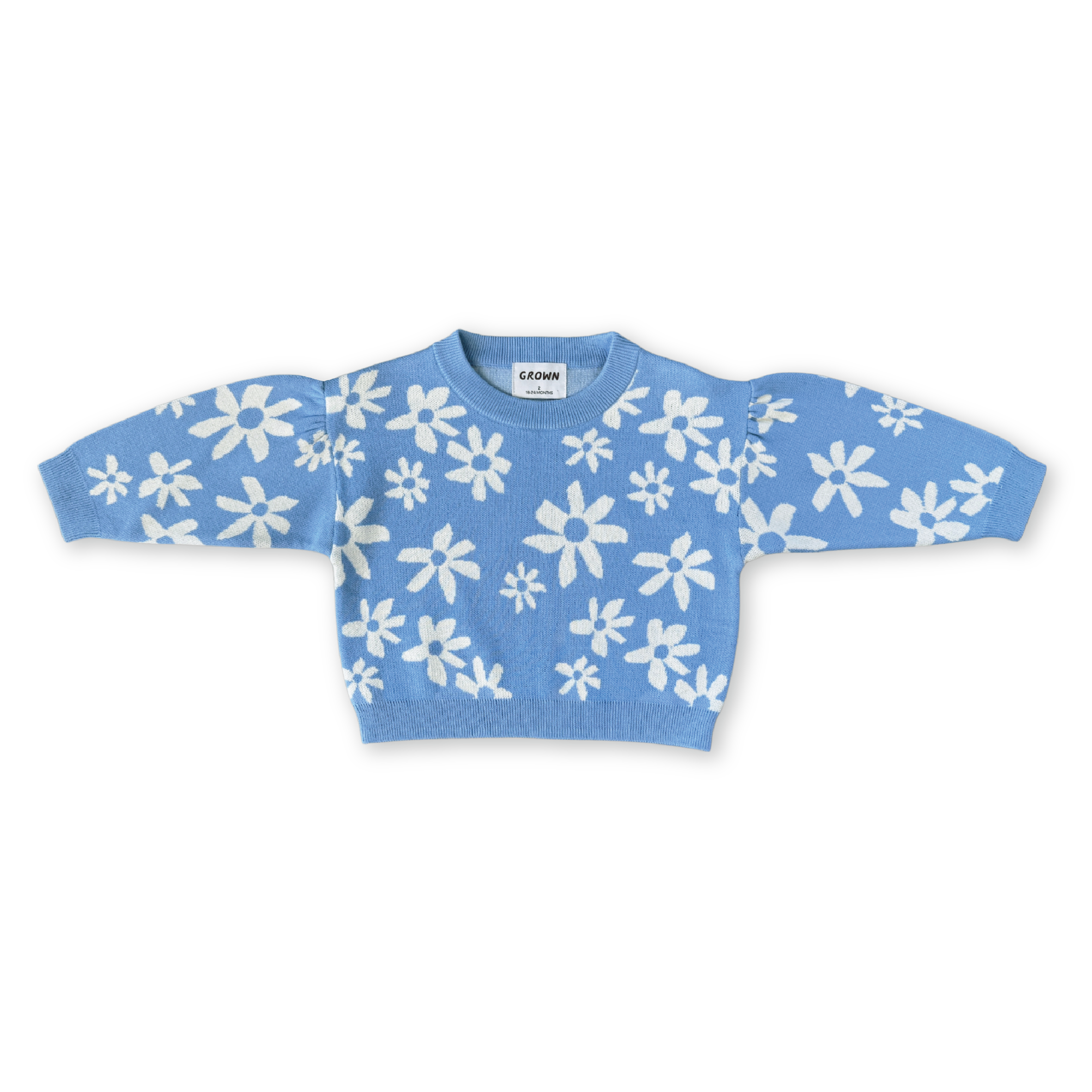 Grown organic wildflower knit jumper with floral pattern, front view showing cozy, lightweight sweater for women.