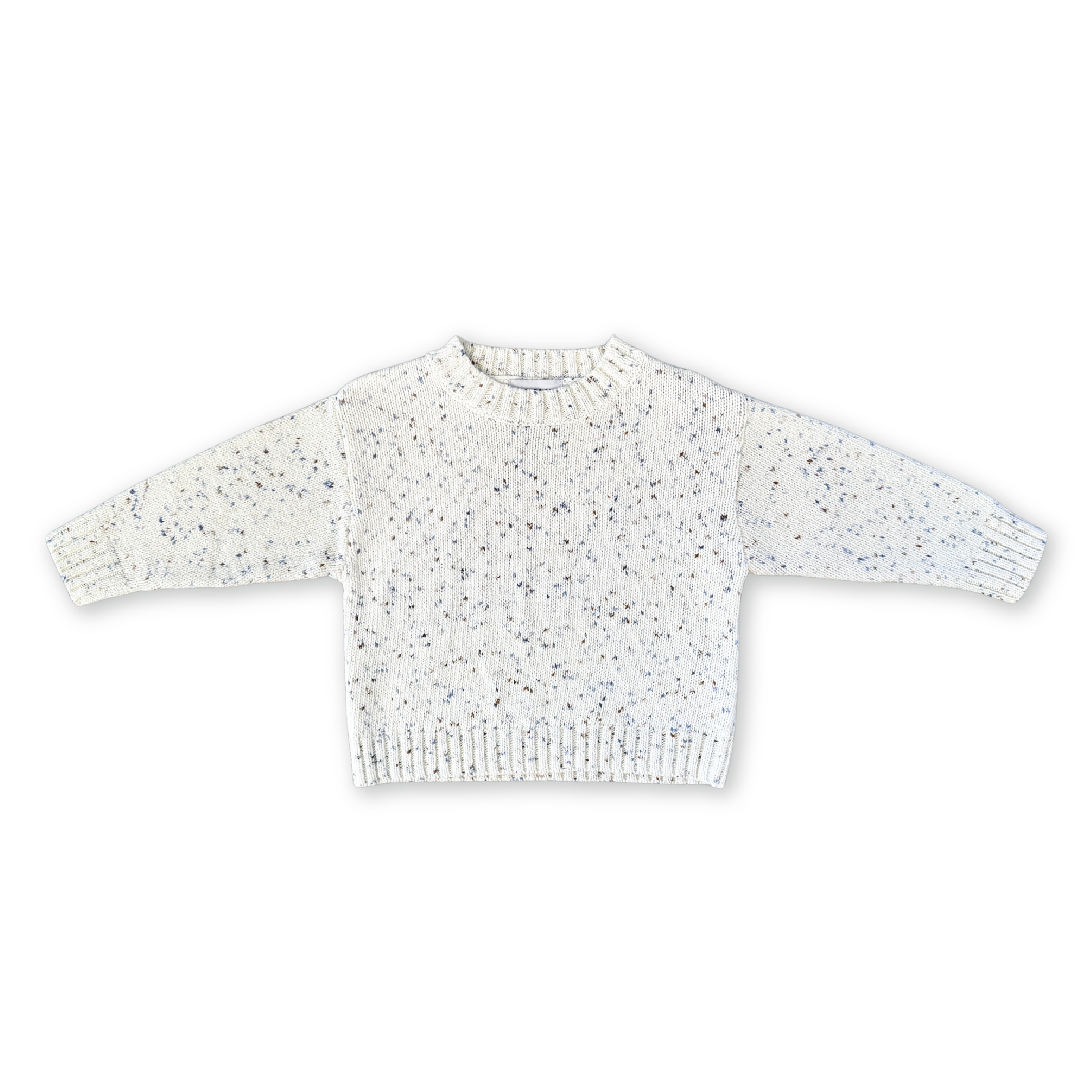 GROWN Organic Funfetti Knit Sweater in surf color, featuring colorful funfetti pattern, front view of cozy knit pullover.