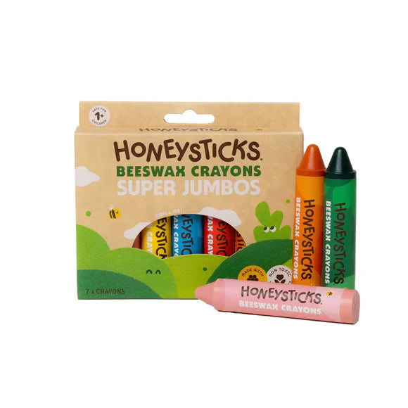 Honeysticks Beeswax Crayons Super Jumbos 7-pack with colorful, large crayons ideal for young children and creative art projects.