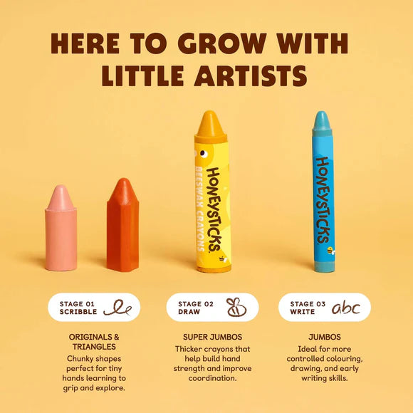 Honeysticks Beeswax Crayons Super Jumbos 7-pack featuring colorful, thick crayon sticks designed for young children.