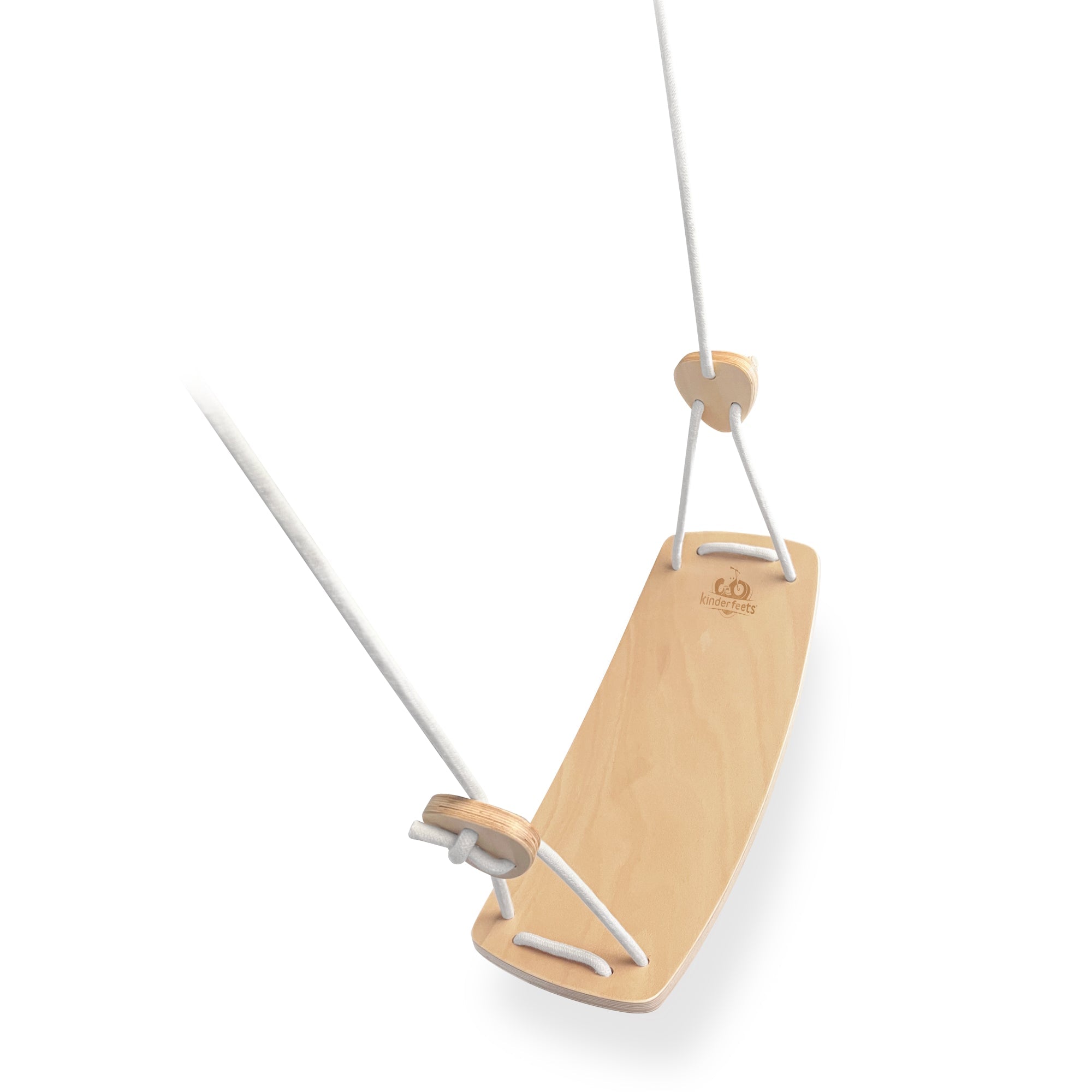 Child's swing by Kinderfeets featuring a wooden frame and colorful seat, designed for safe indoor or outdoor play.