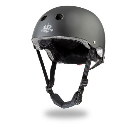 Kinderfeets toddler bike helmet in matte black, front view showing adjustable straps and secure fit for young children.