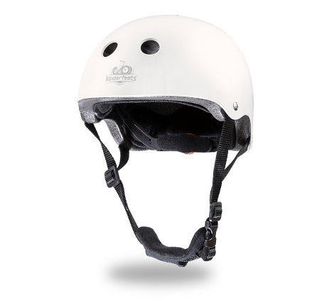 Kinderfeets toddler bike helmet in matte white, shown from the front, with adjustable straps and ventilation for safety.
