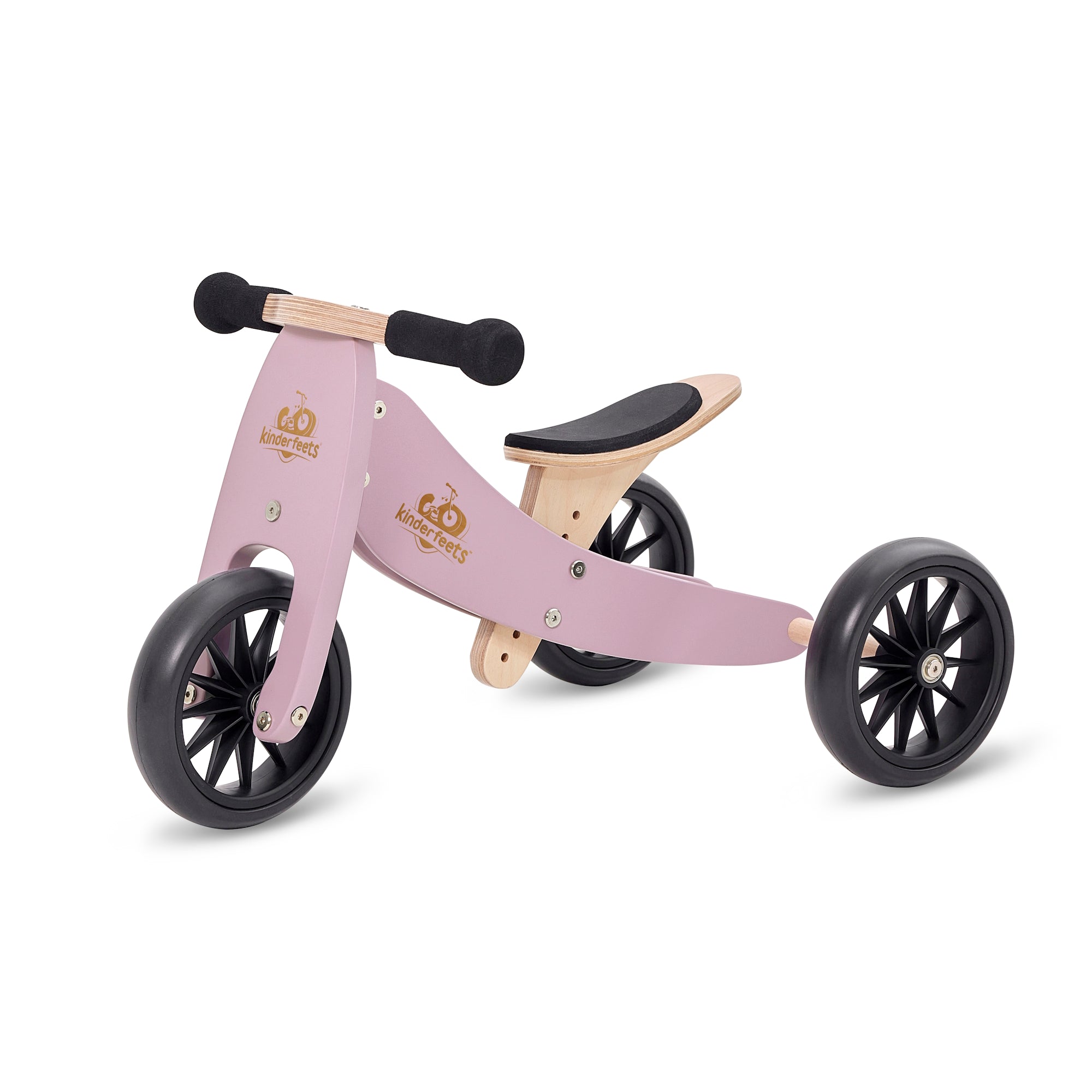 Kinderfeets Tiny Tot lavender balance bike for toddlers, featuring a lightweight frame and ergonomic handlebars for young children.