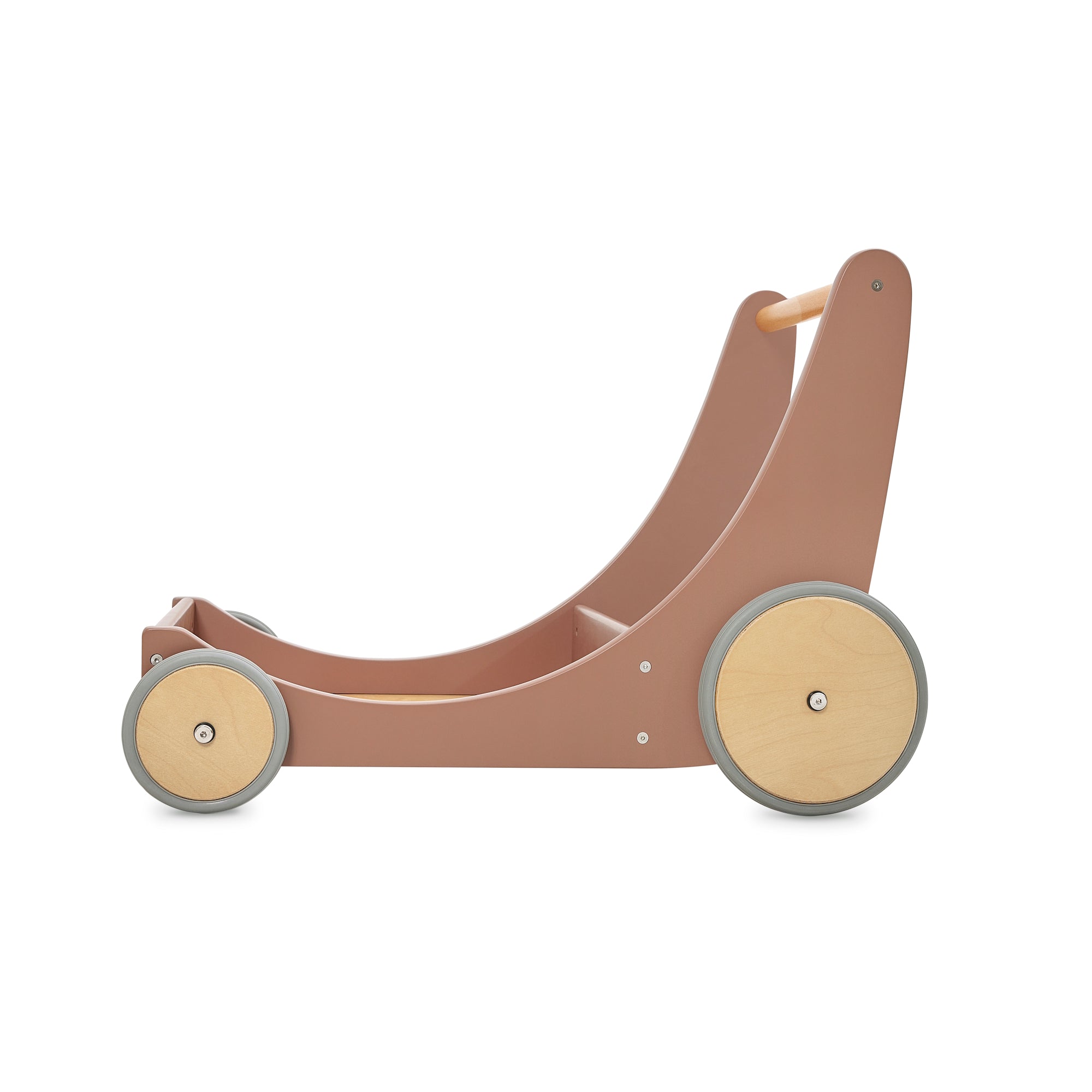 Kinderfeets Cargo Walker wooden toy in mocha color, featuring sturdy wood construction and functional cargo compartments for kids.