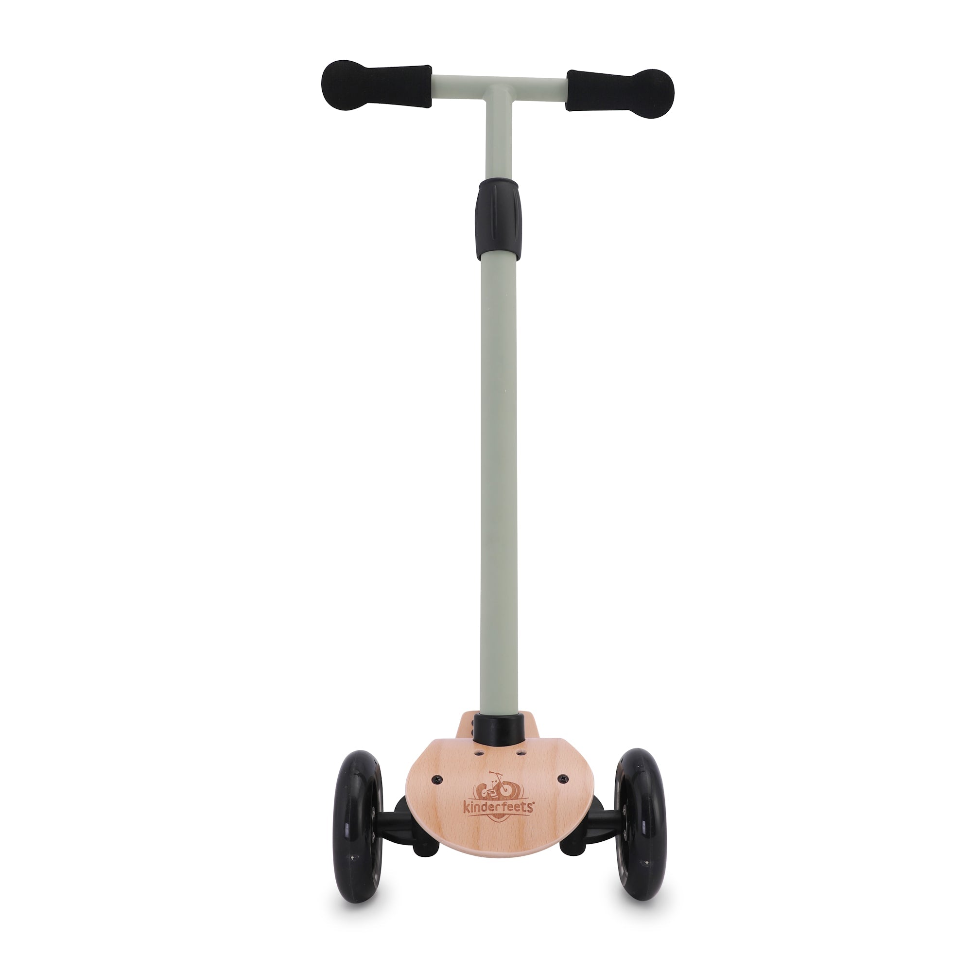 Kinderfeets silver sage kids' scooter with wooden deck and handlebars, suitable for young children learning to ride.