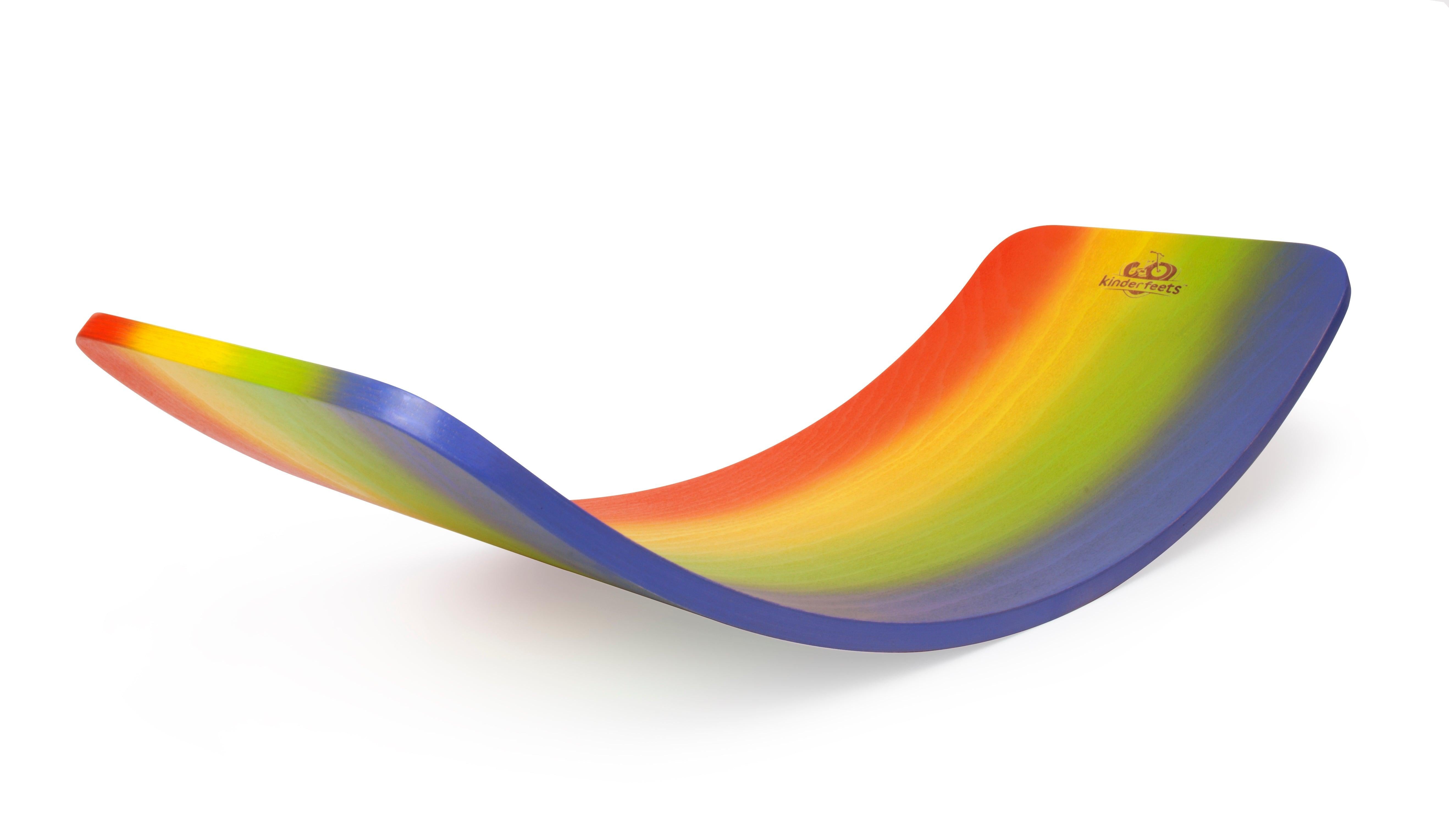 Kinderfeets Rainbow Kinderboard balance board with colorful rainbow design and wooden construction for kids' balance and coordination.