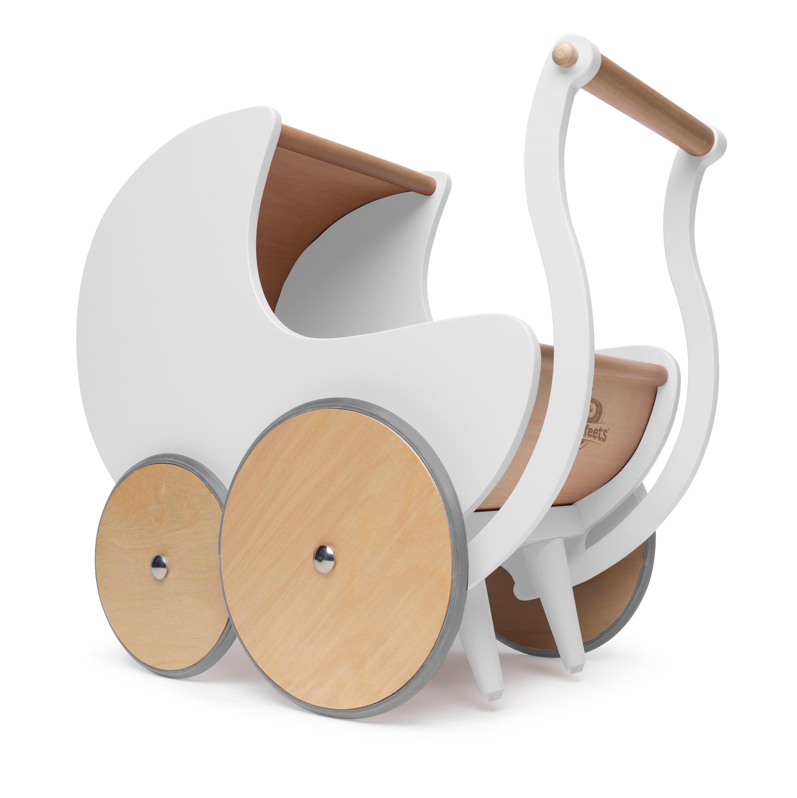 Wooden Kinderfeets Pram Walker in white, designed for toddlers, with a classic wooden frame and functional steering wheel.