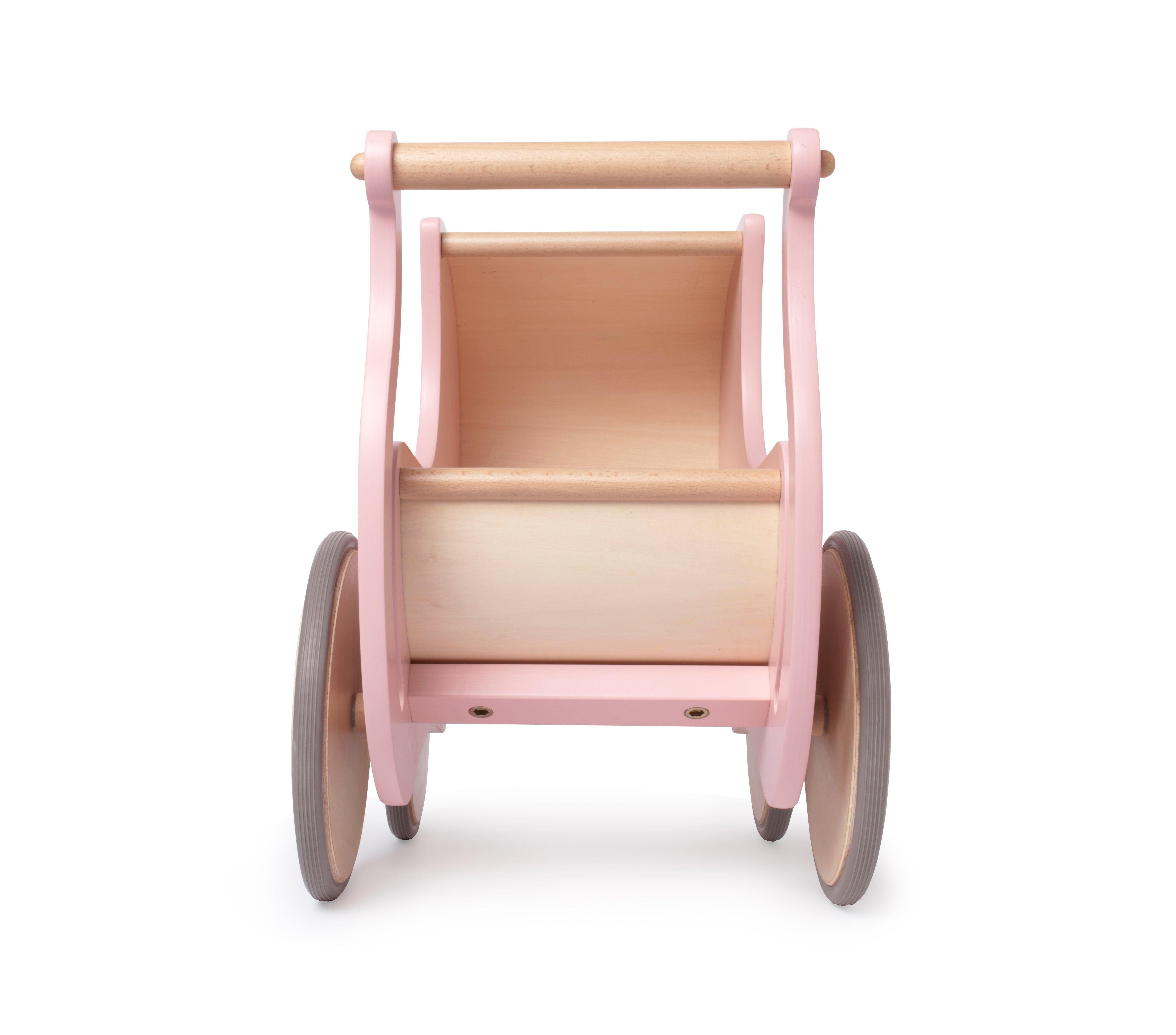 Wooden pram walker in rose color from Kinderfeets, designed for toddlers, shown from the back with wooden wheels and handle.