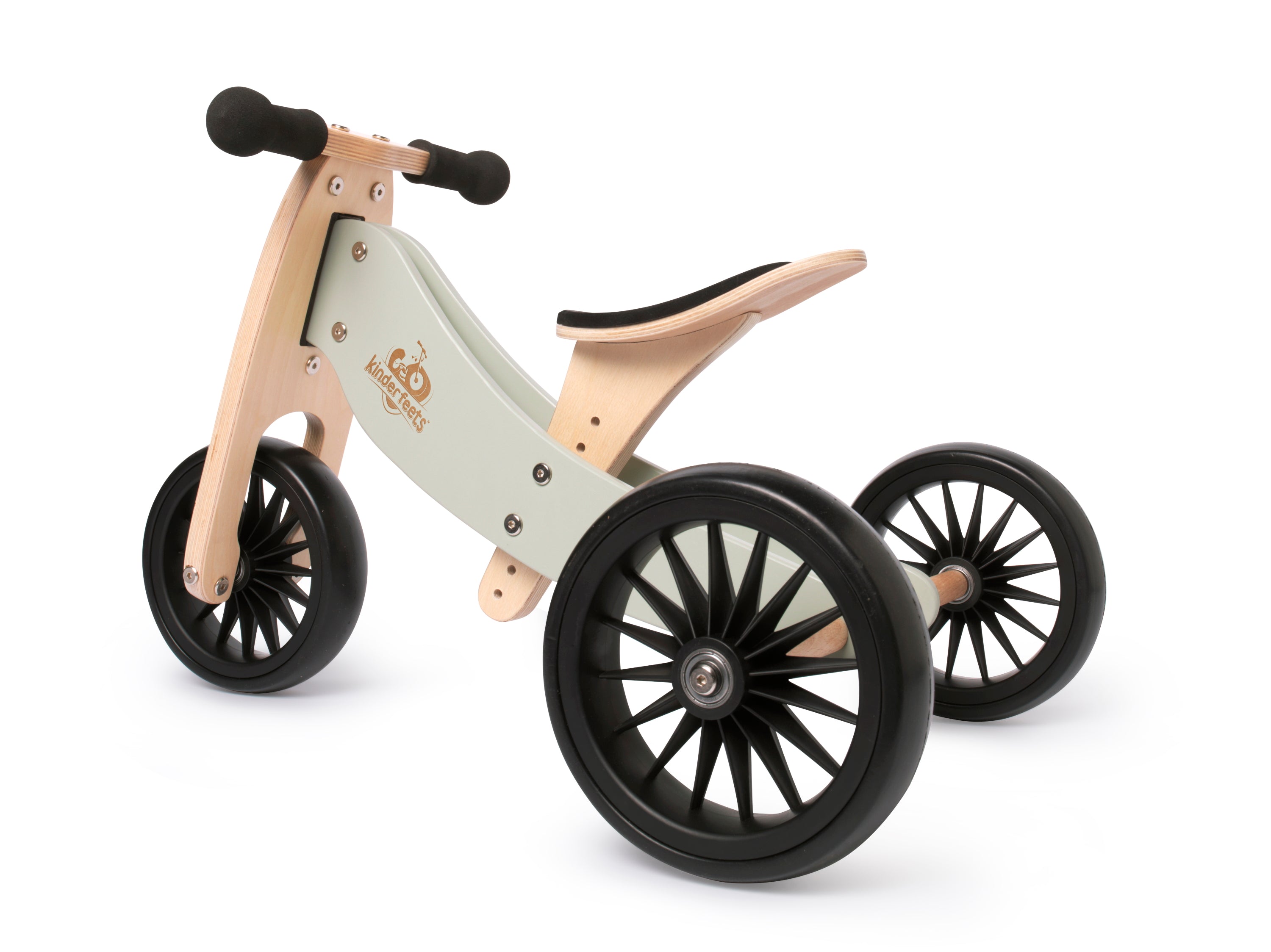 Kinderfeets Tiny Tots Plus trike in silver sage, three-wheeled balance bike for young children, with a sturdy frame and ergonomic design.