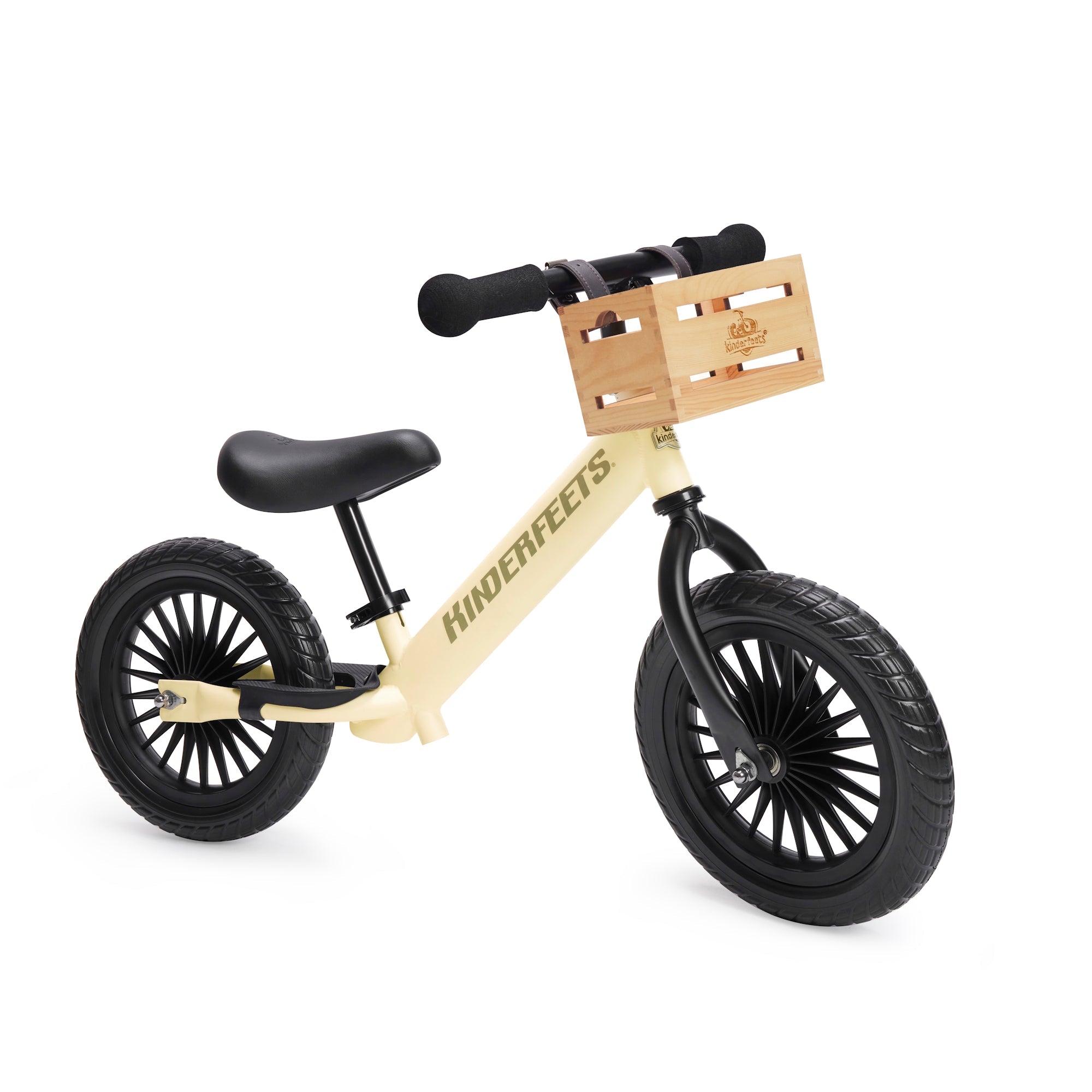 Kinderfeets Trail Bike in Silver Sage, a children's balance bike with a sleek silver and sage color, shown from the right side.