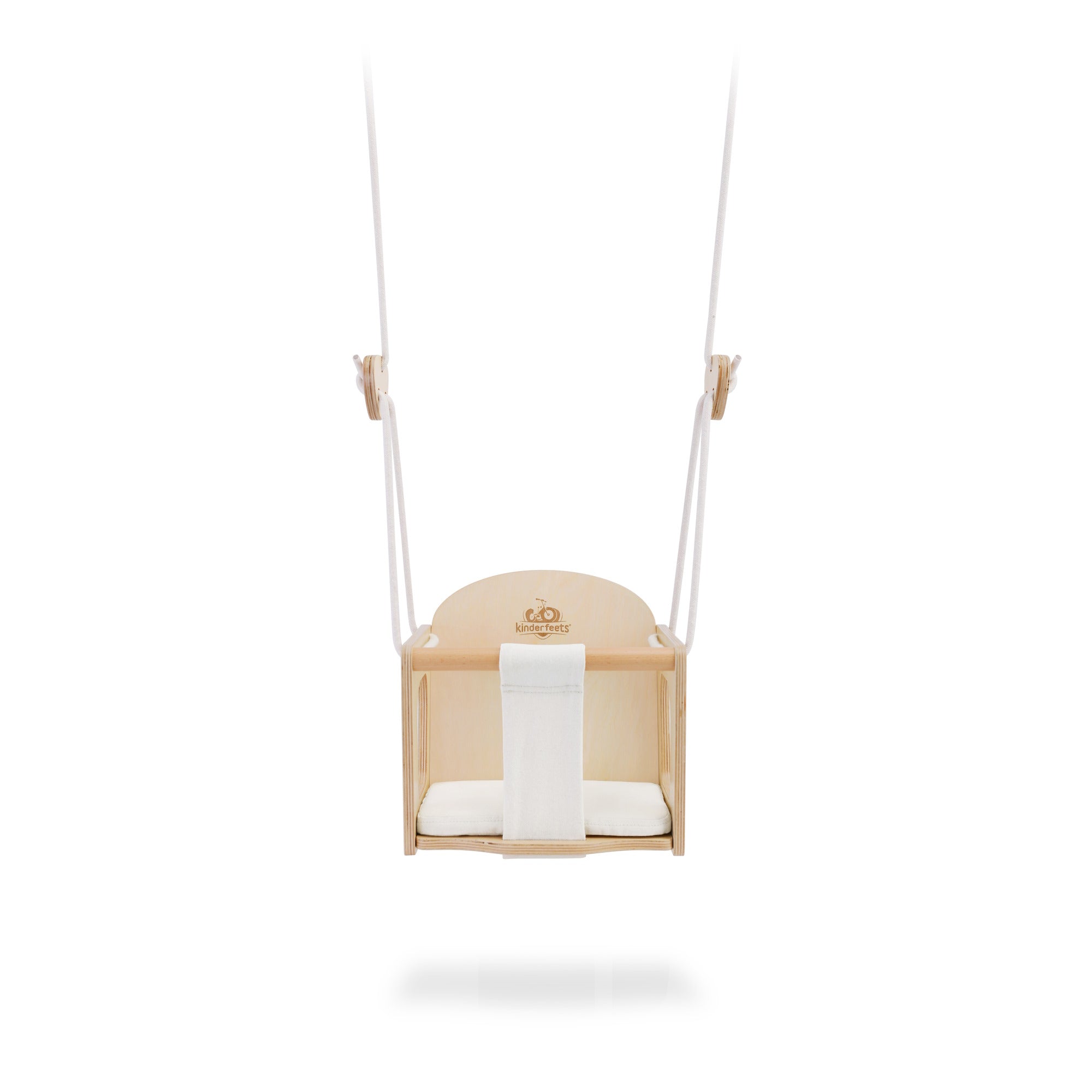 Kinderfeets baby swing hanging with strap and wooden frame, designed for gentle rocking and comfortable seating for infants.