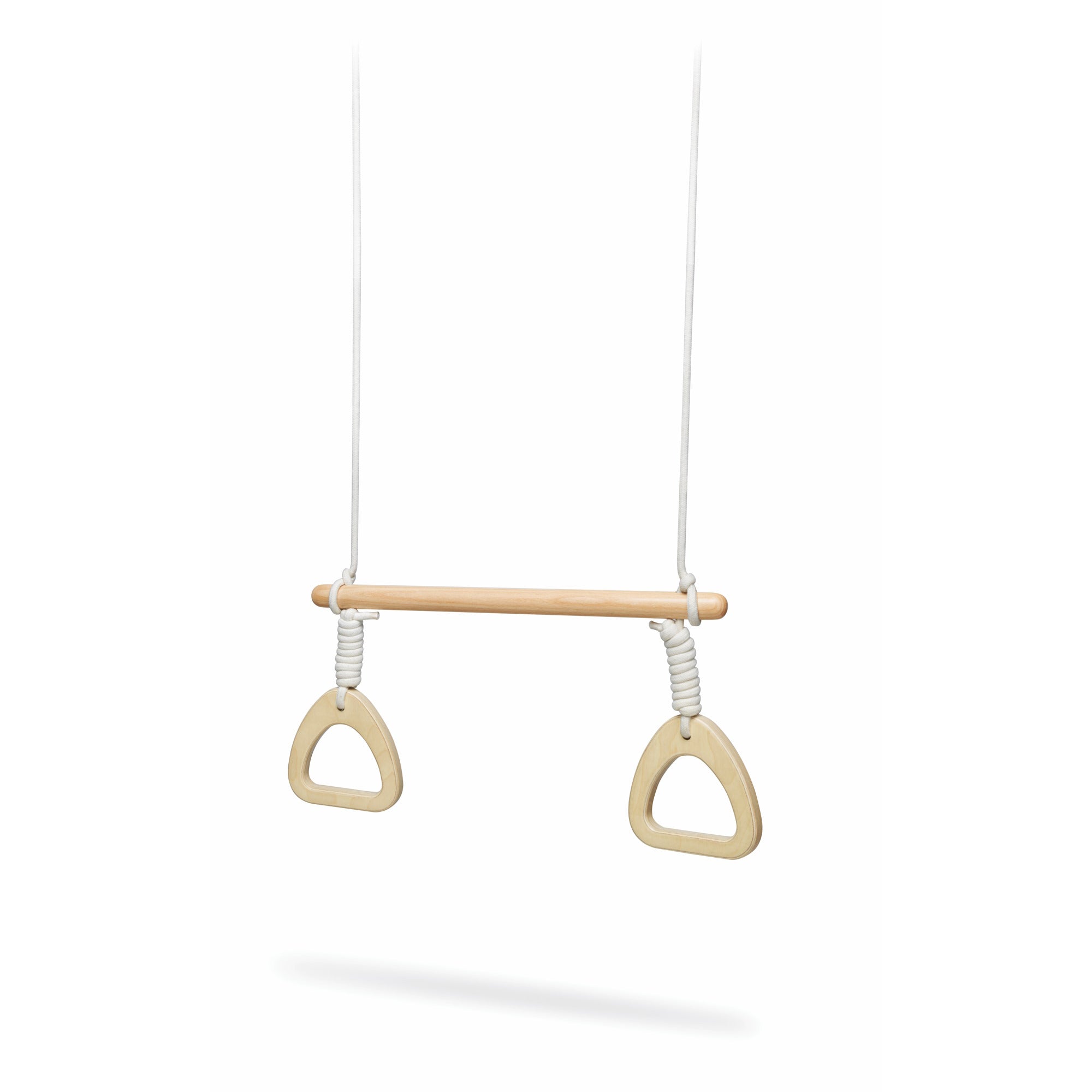 Kinderfeets trapeze with rings for kids, featuring colorful fabric and sturdy wooden bars, perfect for active play and climbing fun.
