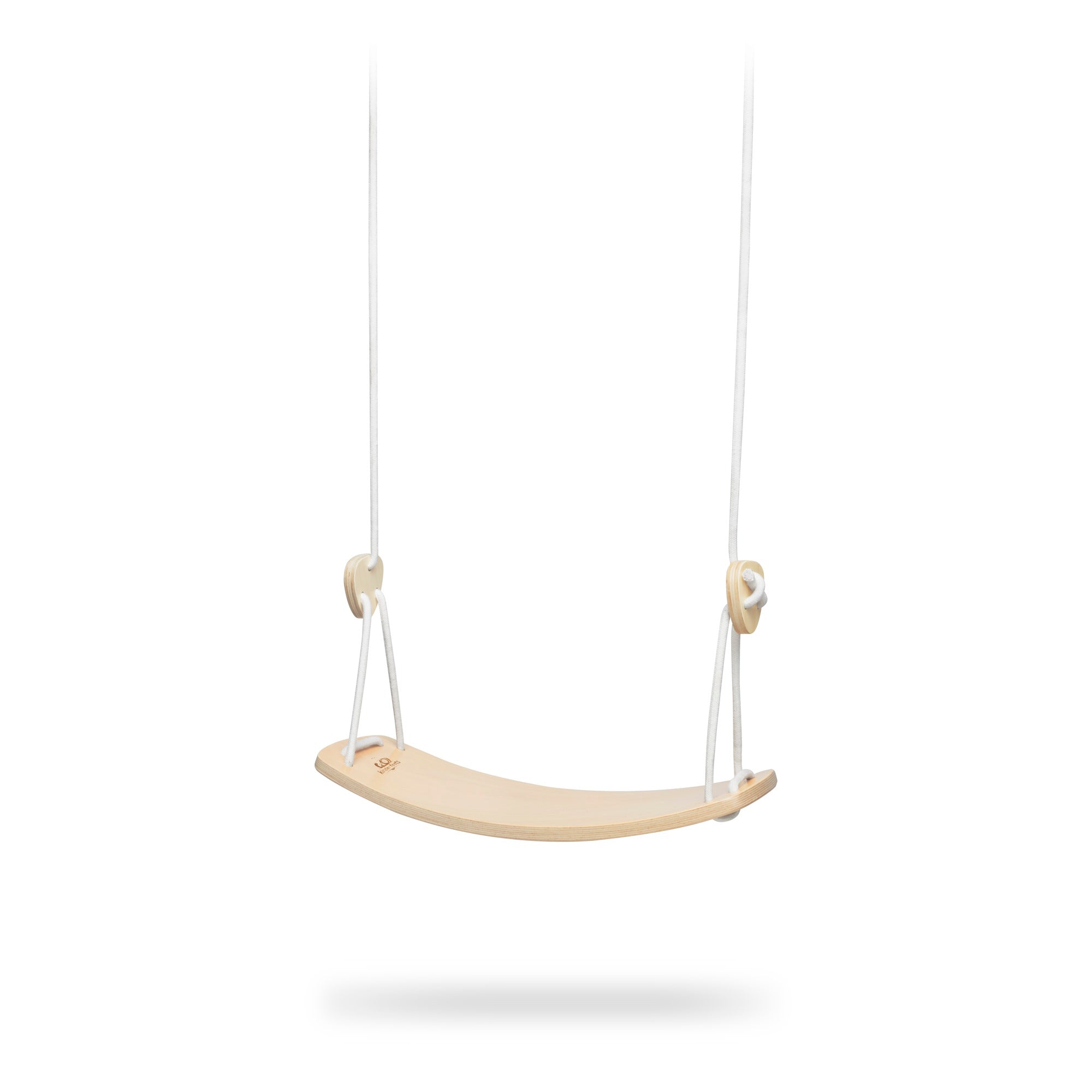 Child's swing by Kinderfeets featuring a colorful wooden seat and sturdy ropes, designed for safe indoor and outdoor play.