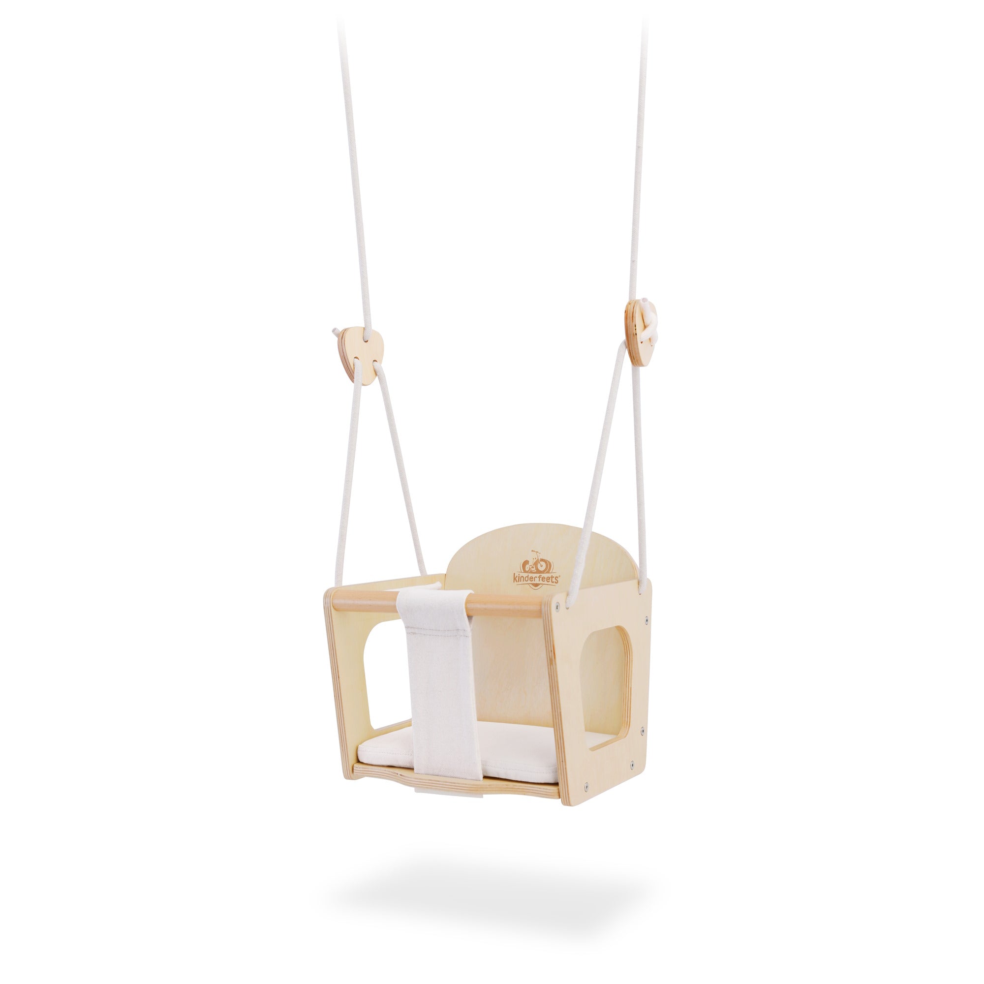 Kinderfeets baby swing hanging from a sturdy frame, with soft fabric seat and safety straps for gentle rocking.