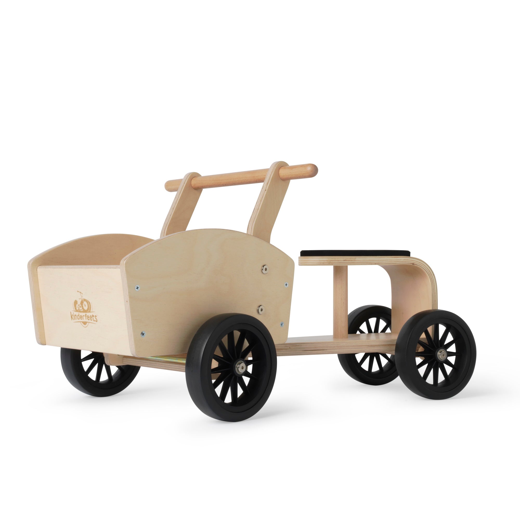 Children riding the Kinderfeets Ride-on Cargo Cart toy, a colorful wooden ride-on cargo bike for kids' imaginative play.
