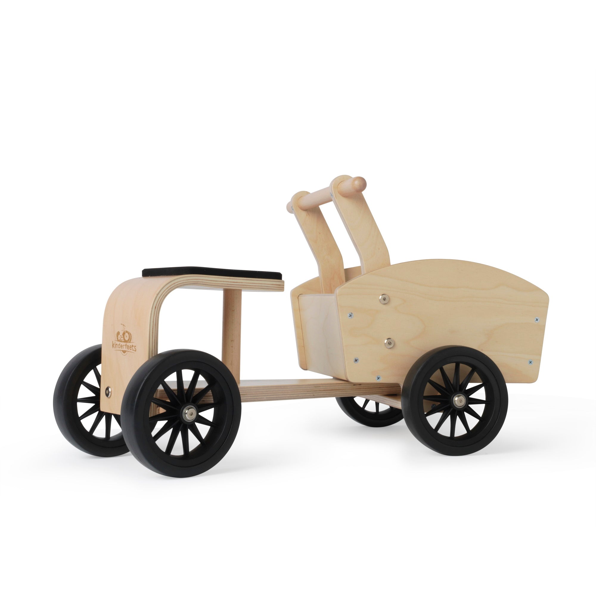 Kinderfeets Ride-on Cargo Cart toy with wooden design, featuring a spacious cargo area and sturdy wheels for kids' outdoor play.