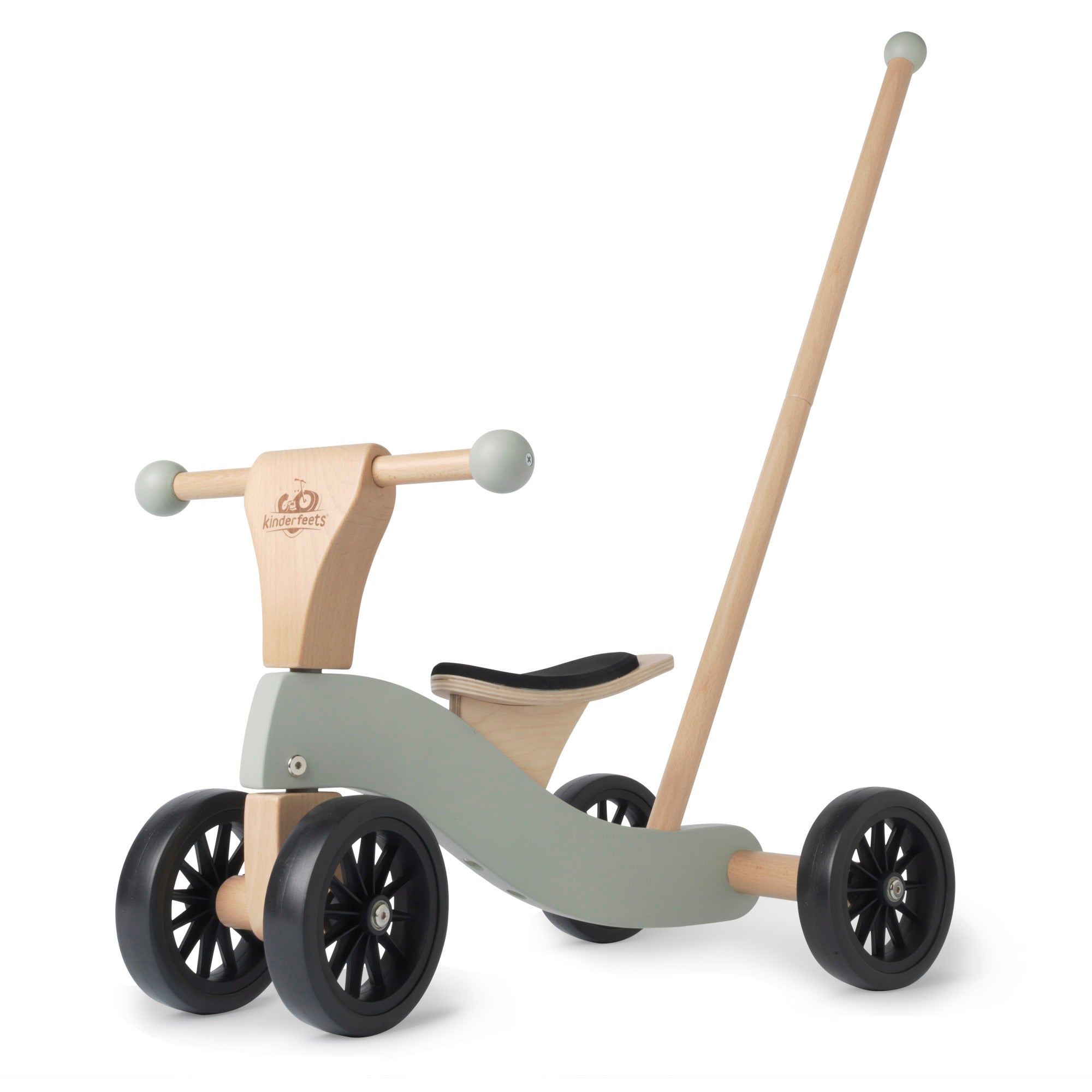 Kinderfeets Tiny Glider toy, a small wooden scooter for kids, featuring colorful handles and sturdy wooden construction.