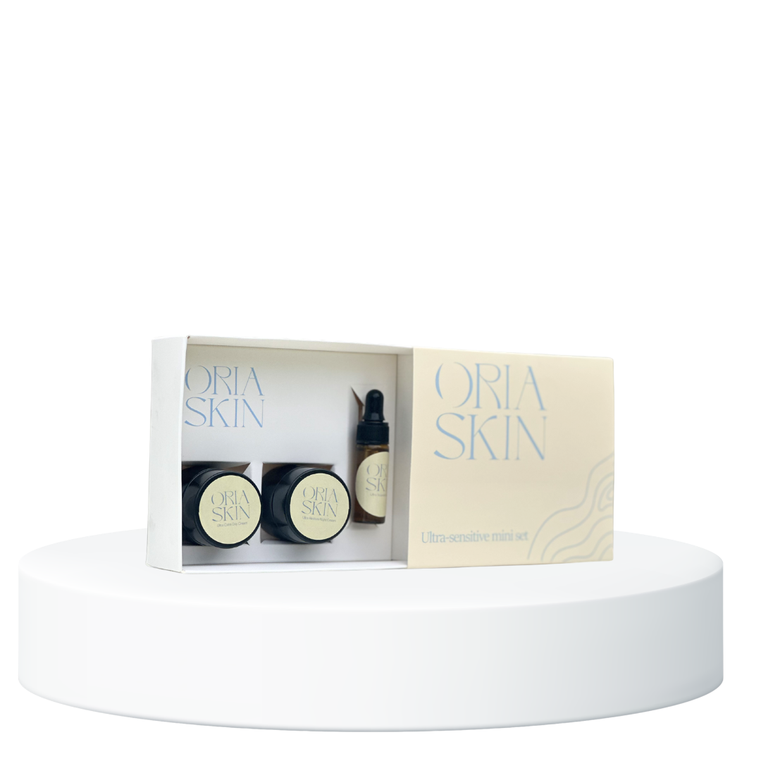 Oria Skin Ultra Sensitive Mini Set with small skincare bottles and packaging, designed for gentle, sensitive skin care.