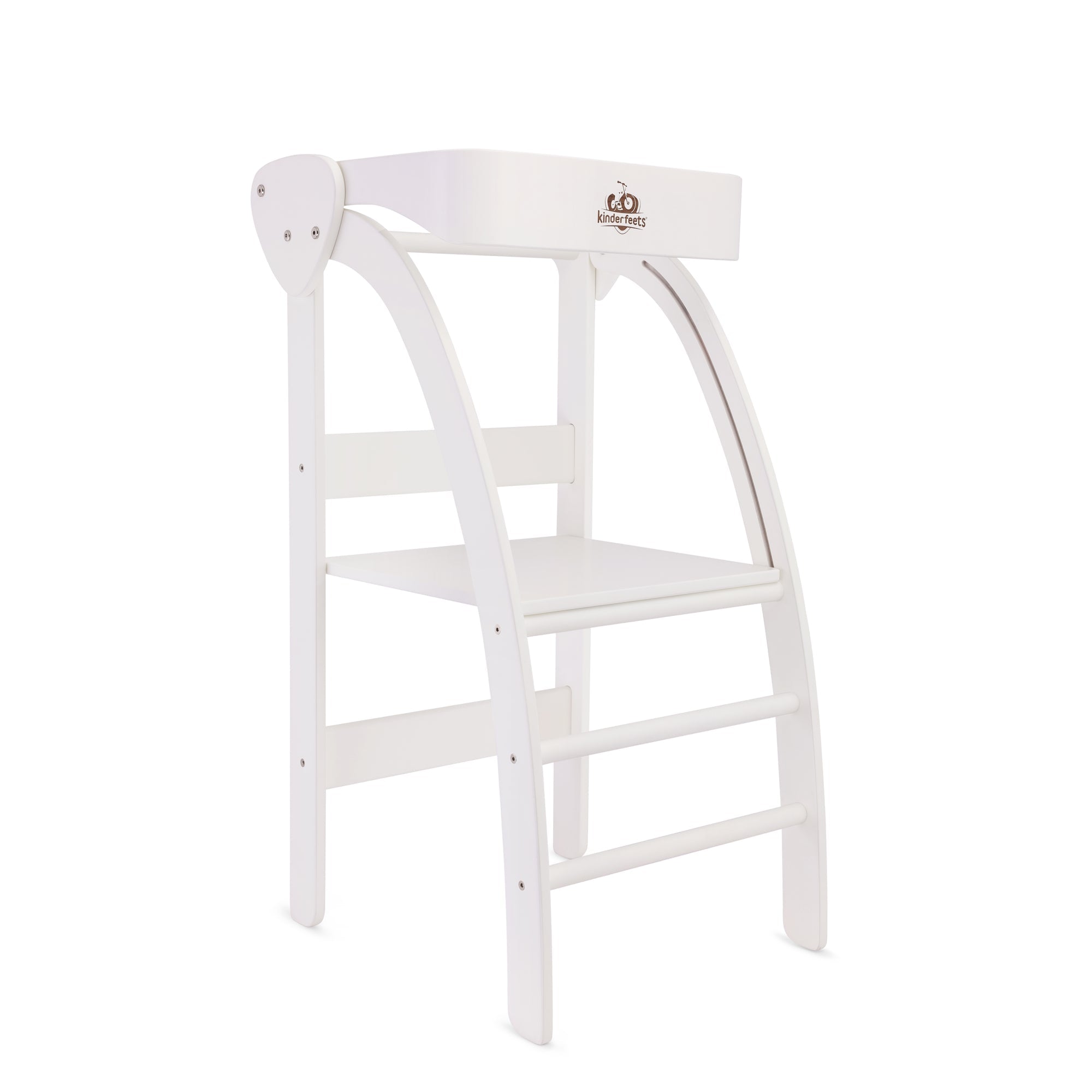 Kinderfeets Pikler observation tower in white, wooden toddler climbing and play structure with safety rails and steps.