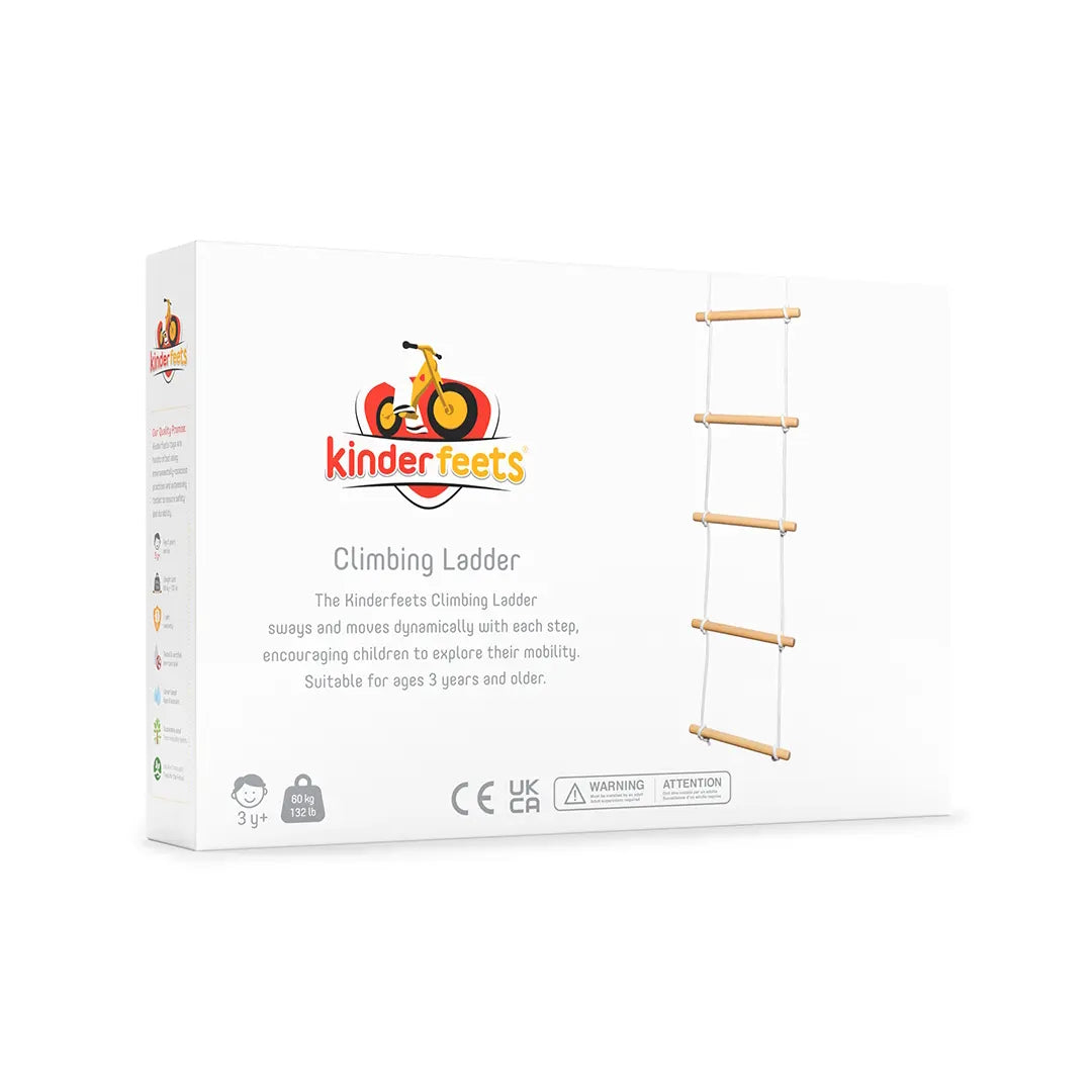 Kinderfeets climbing toy ladder in packaging, made of durable wood for kids' indoor and outdoor play.