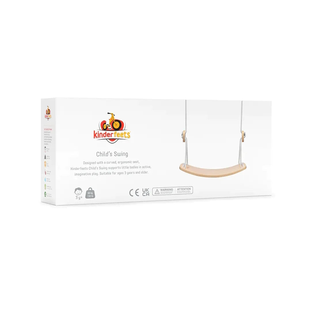 Kinderfeets child's swing in packaging, lightweight wooden frame with colorful ropes for safe indoor and outdoor play.