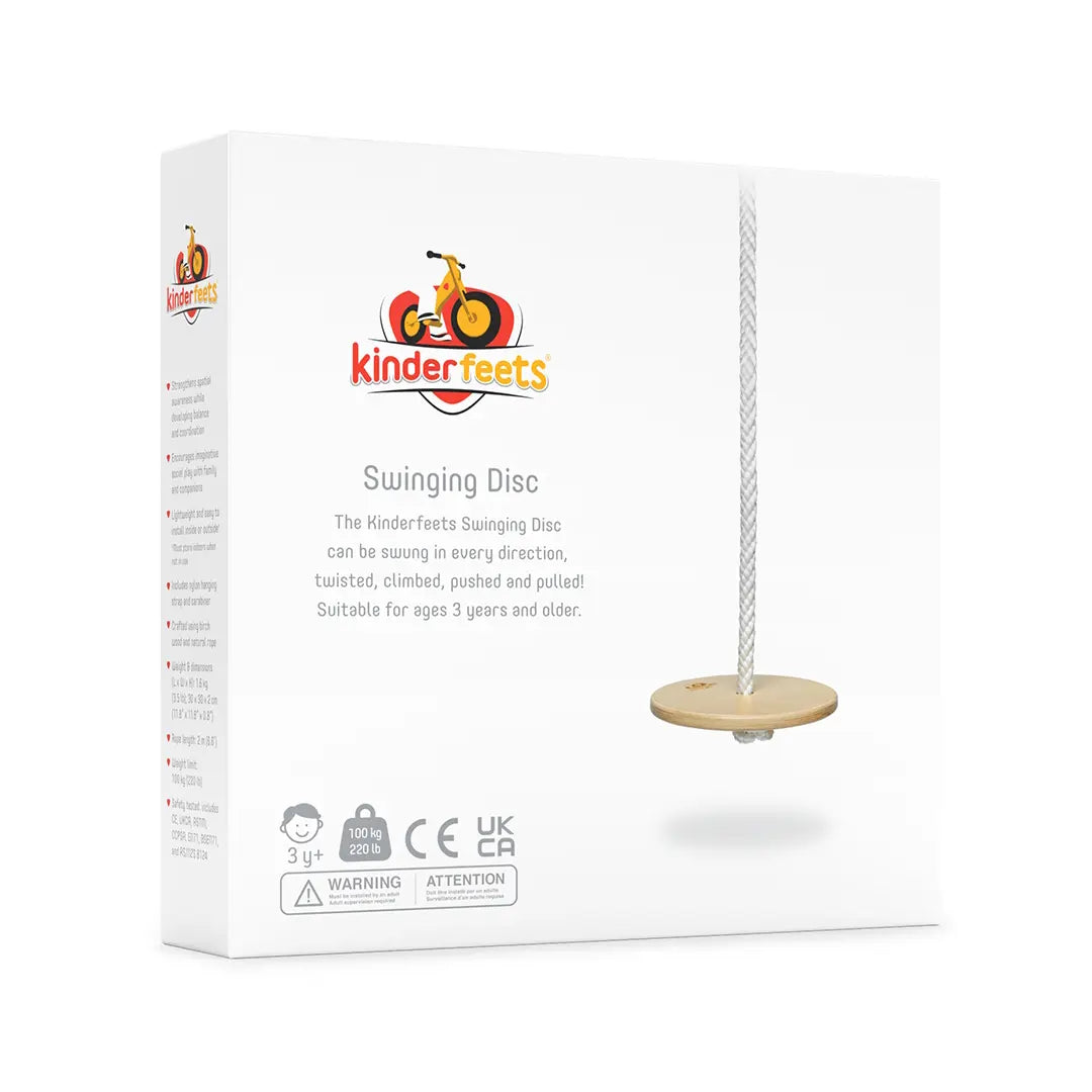 Kinderfeets Swinging Disc in packaging, colorful wooden toy with swinging seat for kids' outdoor play and coordination.