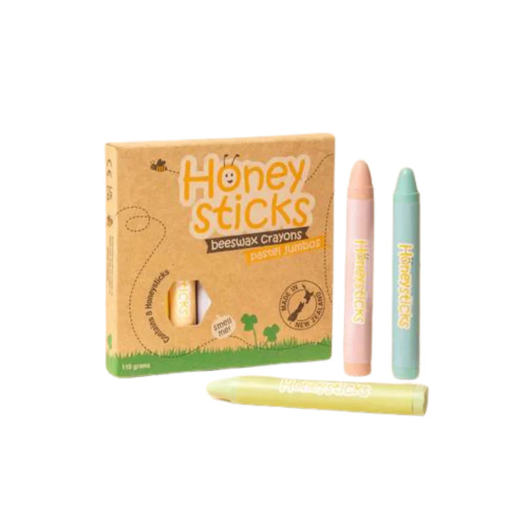 Honeysticks Beeswax Crayons Pastel Jumbos in vibrant pastel colors, featuring large, easy-to-hold crayon shapes for children.