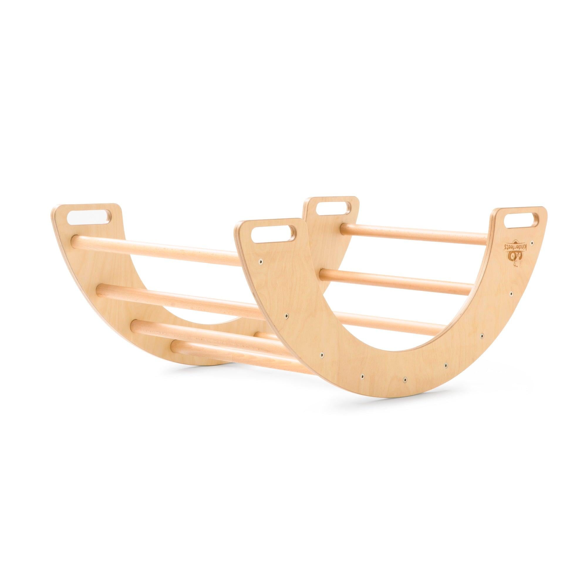 Kinderfeets Pikler climbing and rocking arch toy with wooden frame, designed for safe climbing and balancing activities for children.