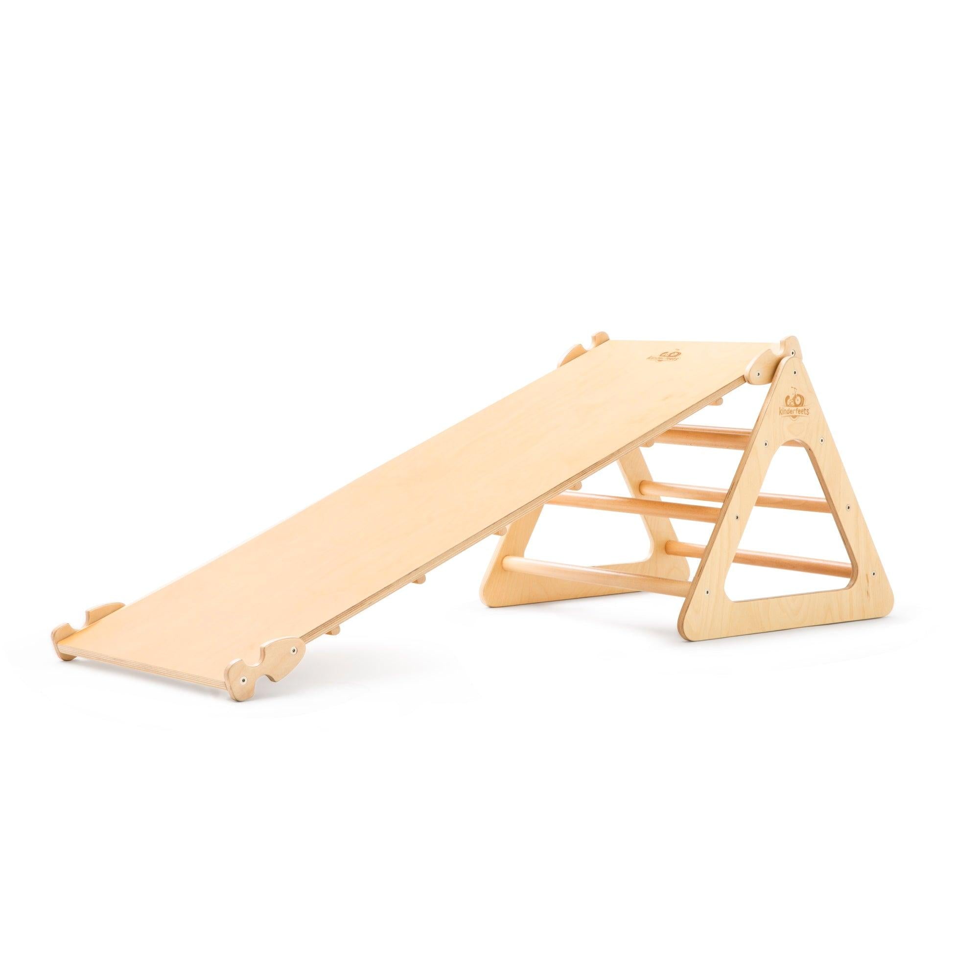 Kinderfeets Pikler Triangle small climbing toy with slide for safe indoor play and motor skill development.