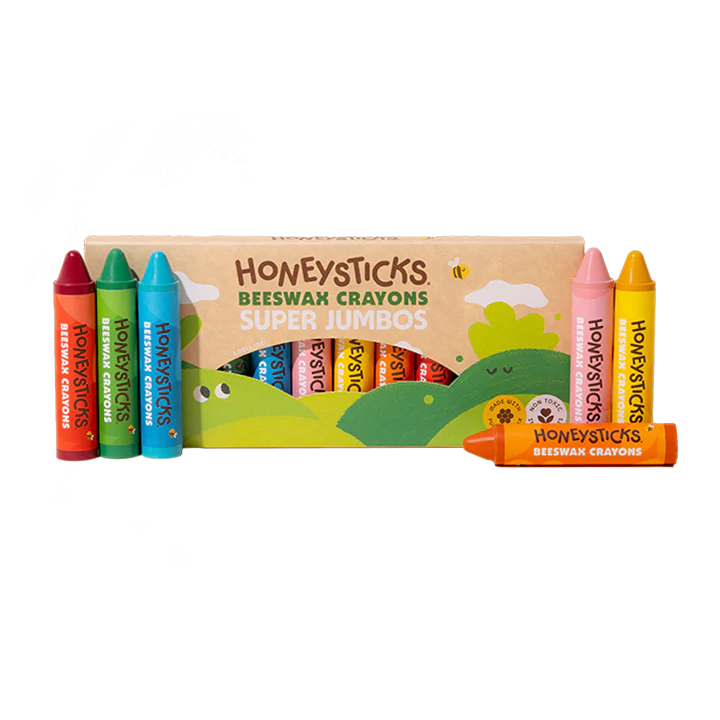 Box of 12 Honeysticks Beeswax Crayons Jumbos with colorful wax tips in a clear plastic container.