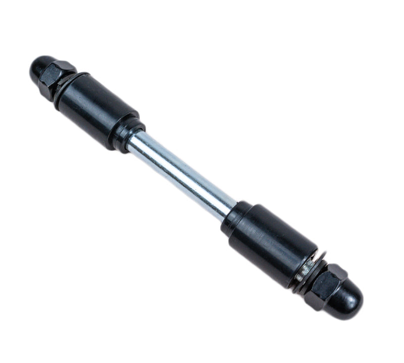 Trybike Complete Short Axle with black nut for bikes and scooters, durable metal component for secure wheel attachment.