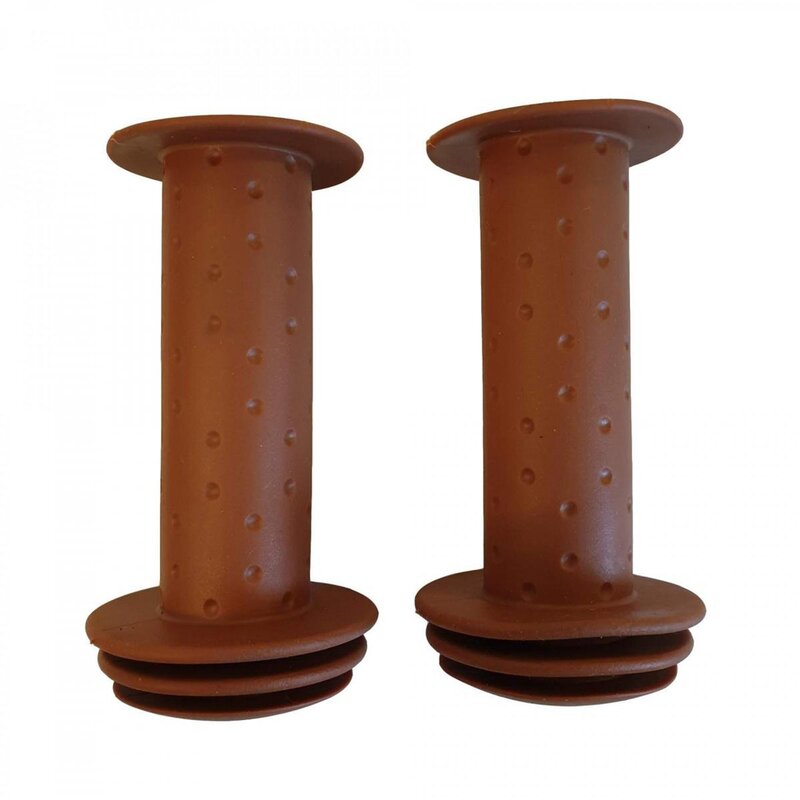 Pair of brown Trybike handlebar grips for bikes and scooters, made for comfortable steering and a secure grip.