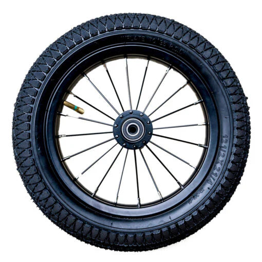 Black Trybike complete wheel for bikes and scooters, featuring a durable metal rim and spokes, ready for assembly and riding.
