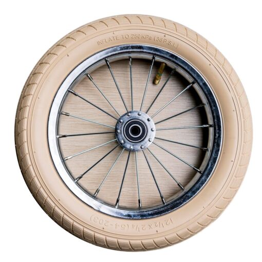 Trybike Complete Wheel in cream for bikes and scooters, showcasing a durable, stylish wheel suitable for various outdoor rides.