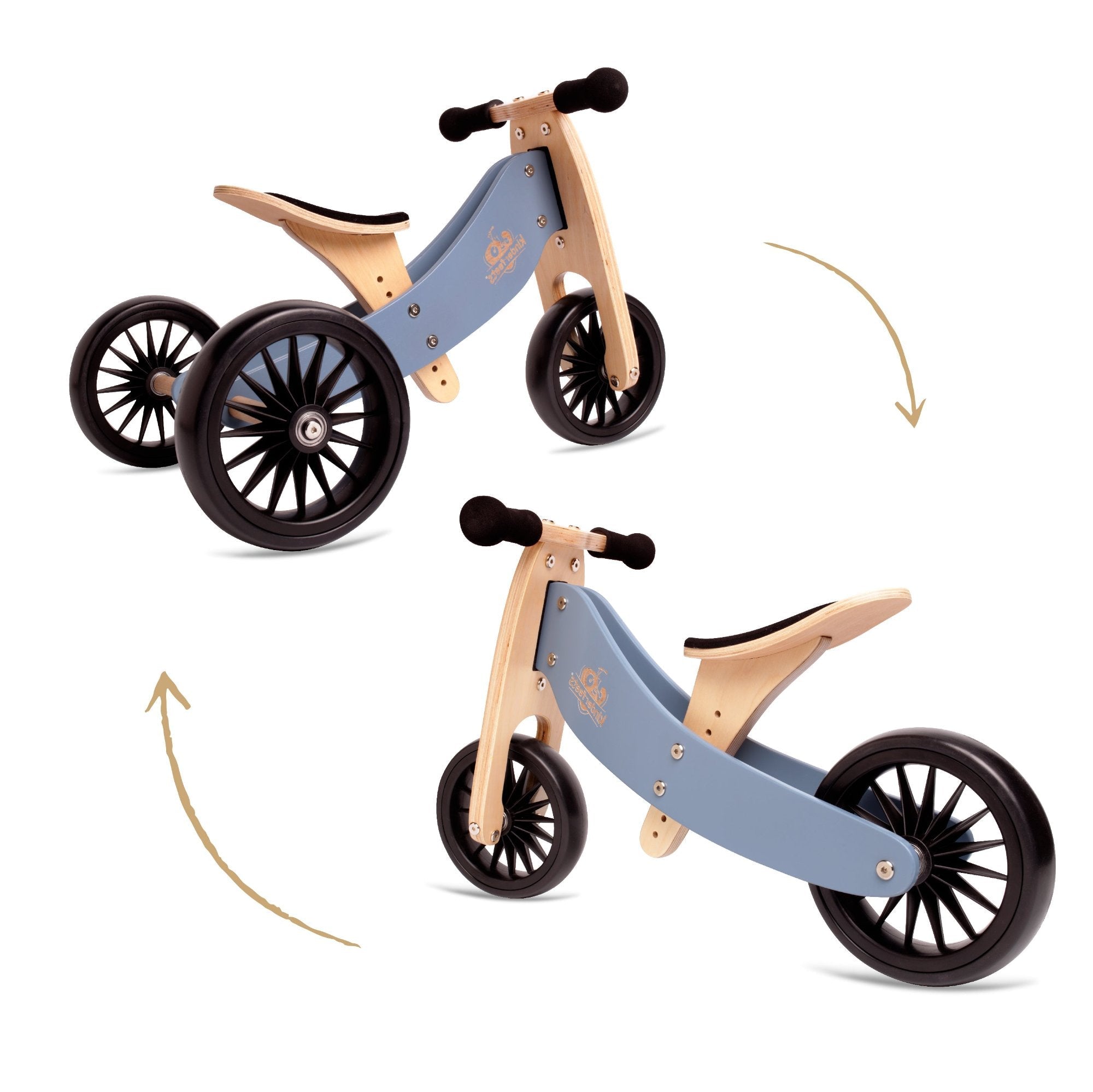 Kinderfeets Tiny Tot Plus slate blue trike and balance bike for toddlers, featuring a sturdy frame and adjustable handlebars.