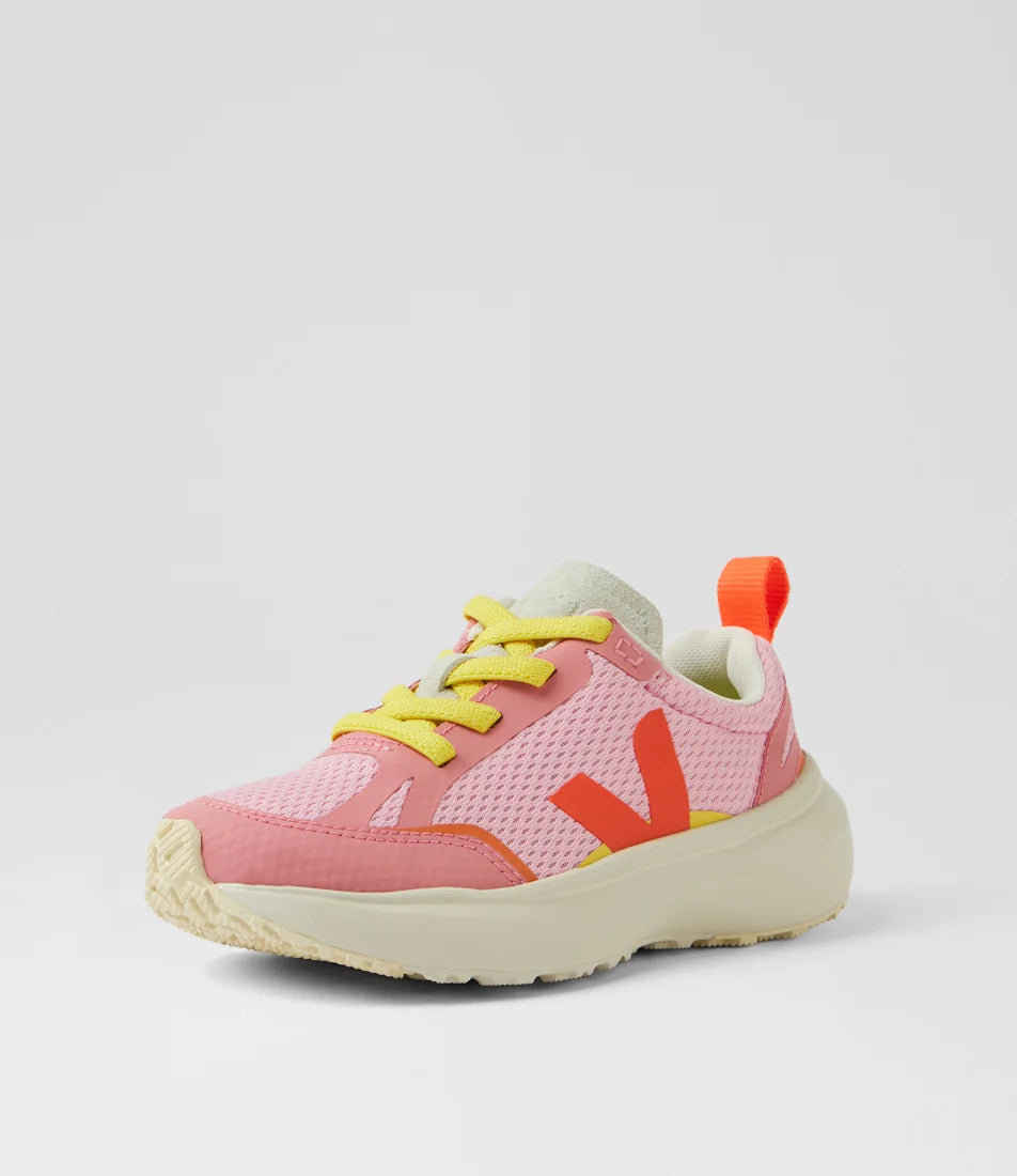 VEJA Canary Light Alveomesh shoe in Guimauve Orange Fluro with white accents, lightweight and breathable sneaker for casual wear.